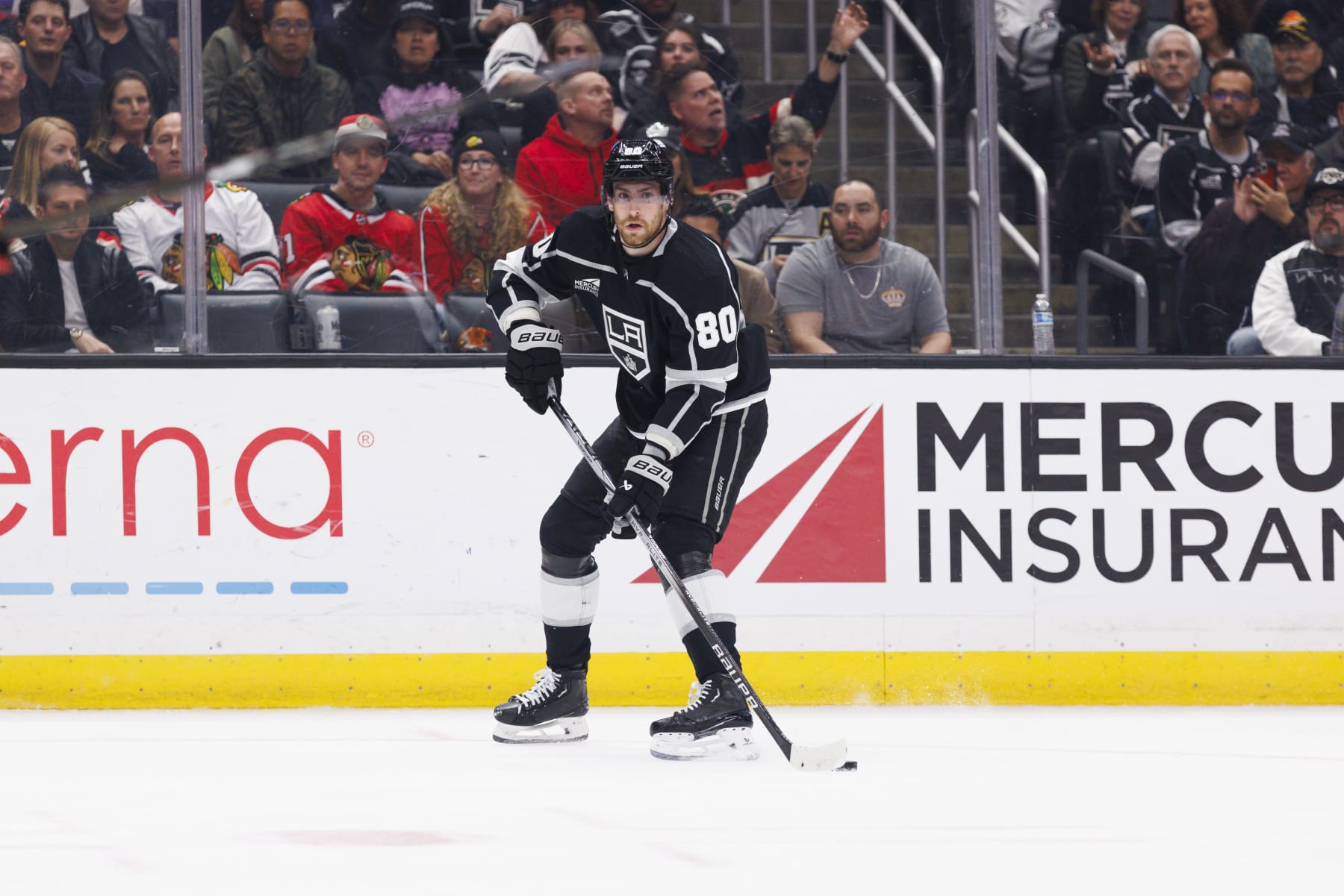 LOS ANGELES, CA - APRIL 18: Los Angeles Kings center Pierre-Luc Dubois (80) skates with the puck during an NHL hockey game against the Chicago Blackhawks on April 18, 2024 air Crypto.com Arena in Los Angeles, CA. (Photo by Ric Tapia/Icon Sportswire via Getty Images) LOS ANGELES, CA - APRIL 18: Los Angeles Kings center Pierre-Luc Dubois (80) skates with the puck during an NHL hockey game against the Chicago Blackhawks on April 18, 2024 air Crypto.com Arena in Los Angeles, CA. (Photo by Ric Tapia/Icon Sportswire via Getty Images)