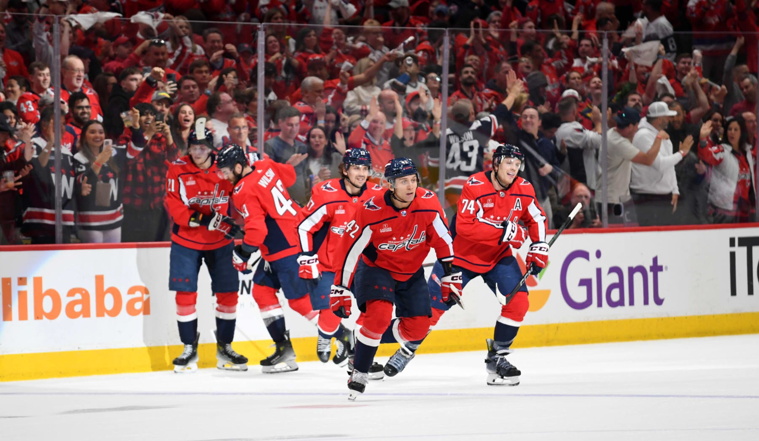 WASHINGTON, DC - APRIL 28: The Capitals celebrate after defenseman Martin Fehervary (42)'s goal during game four of the first round of the Eastern Conference playoffs between the New York Rangers and Washington Capitals National Hockey League game on April 28, 2024 at Capital One Arena in Washington, D.C.. (Photo by Randy Litzinger/Icon Sportswire via Getty Images)