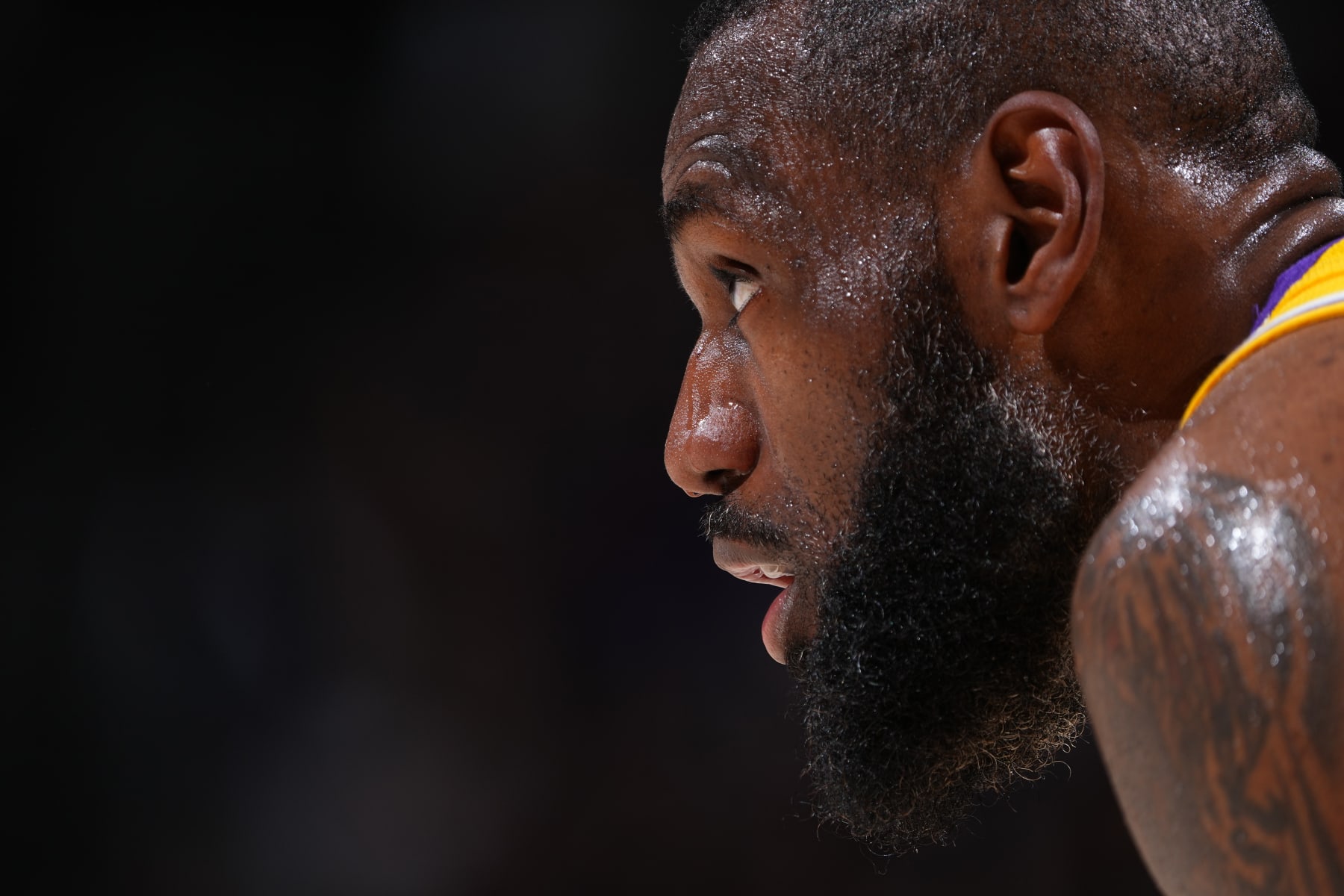 DENVER, CO - APRIL 29: LeBron James #23 of the Los Angeles Lakers looks on during the game against the Denver Nuggets during Round 1 Game 5 of the 2024 NBA Playoffs on April 29, 2024 at the Ball Arena in Denver, Colorado. NOTE TO USER: User expressly acknowledges and agrees that, by downloading and/or using this Photograph, user is consenting to the terms and conditions of the Getty Images License Agreement. Mandatory Copyright Notice: Copyright 2024 NBAE (Photo by Garrett Ellwood/NBAE via Getty Images)