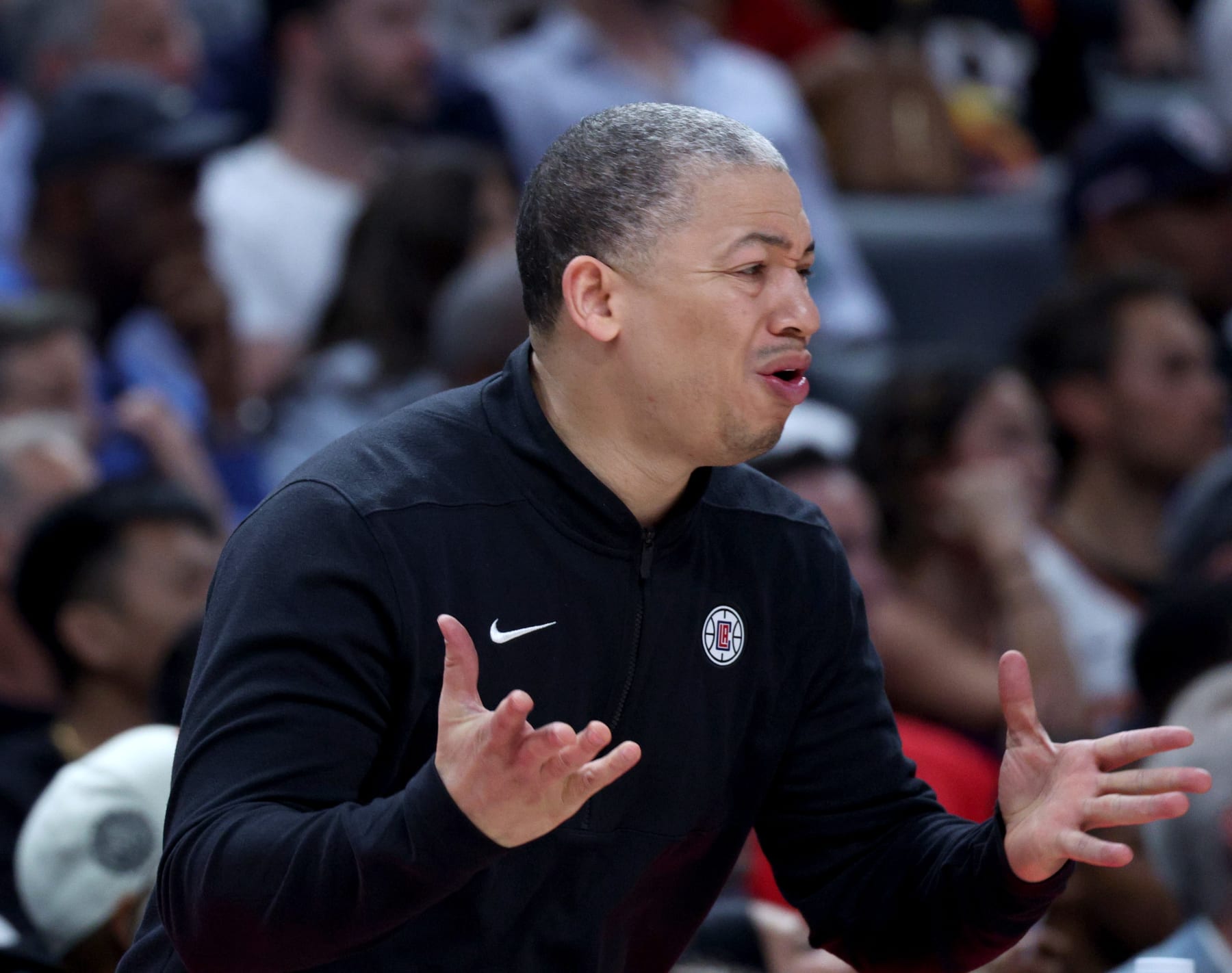 LOS ANGELES, CALIFORNIA - APRIL 10: Tyronn Lue of the LA Clippers reacts to play during a 124-108 loss to the Phoenix Suns at Crypto.com Arena on April 10, 2024 in Los Angeles, California. User is consenting to the terms and conditions of the Getty Images License Agreement.  (Photo by Harry How/Getty Images)