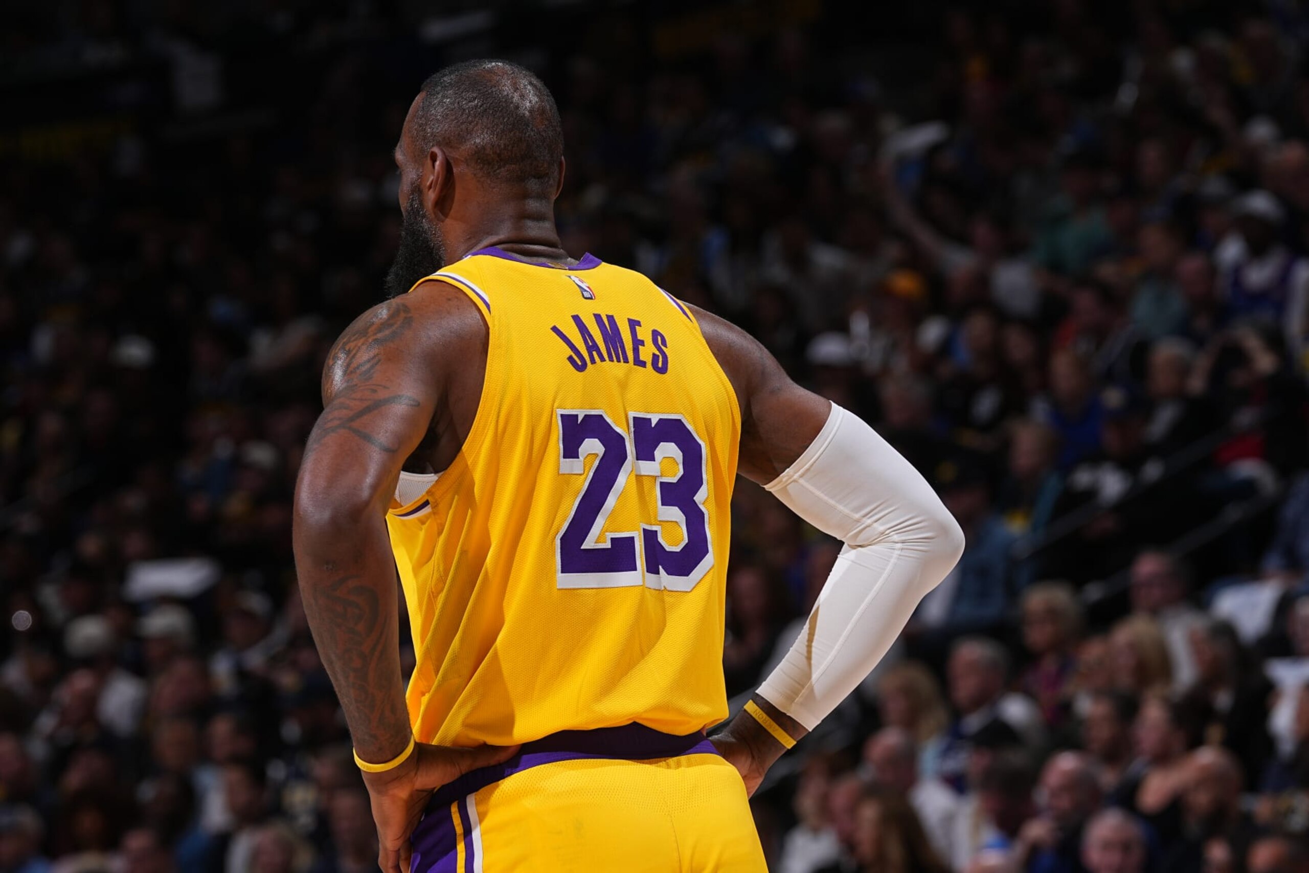 DENVER, CO - APRIL 29: LeBron James #23 of the Los Angeles Lakers looks on during the game against the Denver Nuggets during Round One Game Five of the 2024 NBA Playoffs on April 29, 2024 at the Ball Arena in Denver, Colorado. NOTE TO USER: User expressly acknowledges and agrees that, by downloading and/or using this Photograph, user is consenting to the terms and conditions of the Getty Images License Agreement. Mandatory Copyright Notice: Copyright 2024 NBAE (Photo by Bart Young/NBAE via Getty Images) DENVER, CO - APRIL 29: LeBron James #23 of the Los Angeles Lakers looks on during the game against the Denver Nuggets during Round One Game Five of the 2024 NBA Playoffs on April 29, 2024 at the Ball Arena in Denver, Colorado. NOTE TO USER: User expressly acknowledges and agrees that, by downloading and/or using this Photograph, user is consenting to the terms and conditions of the Getty Images License Agreement. Mandatory Copyright Notice: Copyright 2024 NBAE (Photo by Bart Young/NBAE via Getty Images)