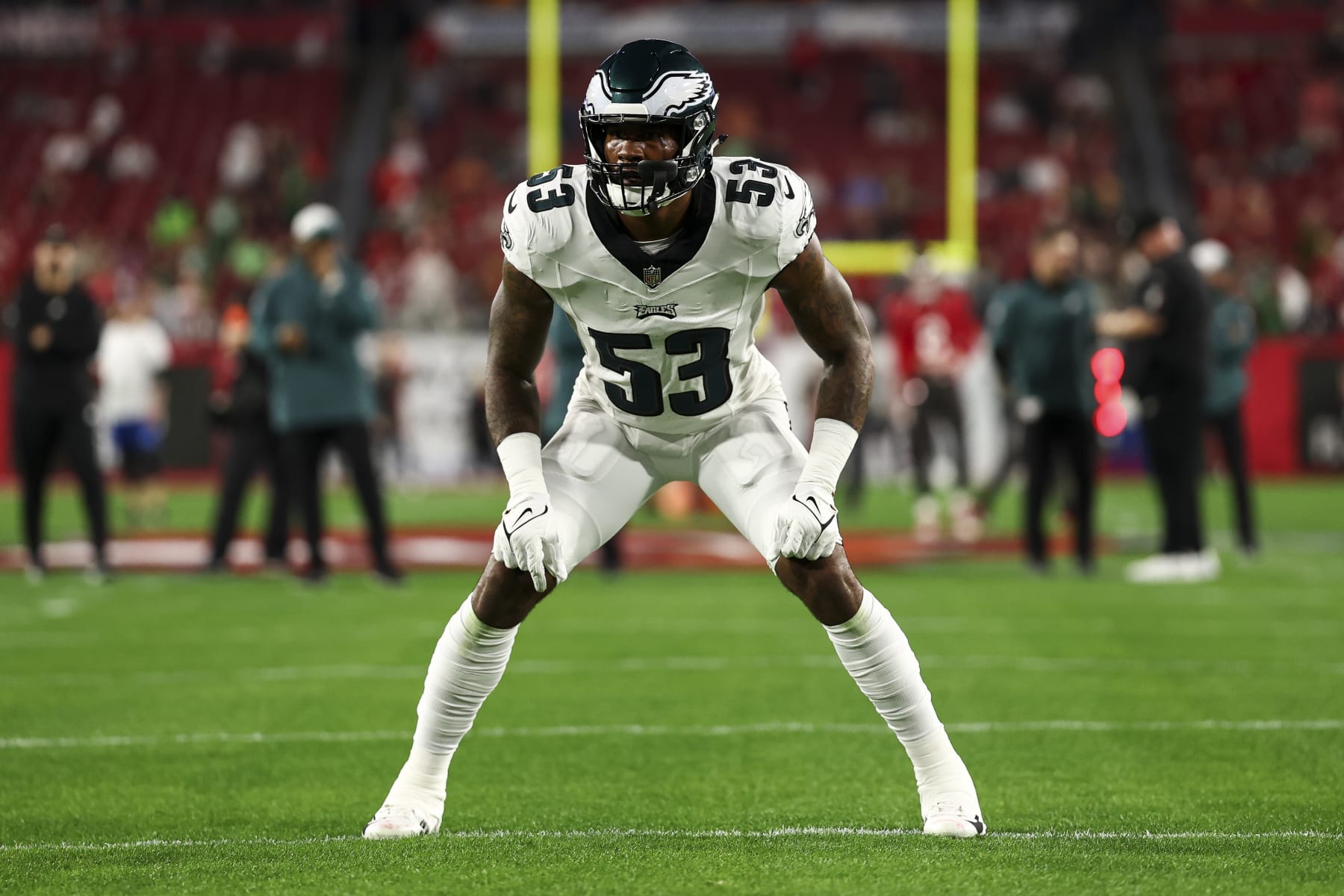 TAMPA, FL - JANUARY 15: Shaquille Leonard #53 of the Philadelphia Eagles warms up prior to an NFL wild-card playoff football game against the Tampa Bay Buccaneers at Raymond James Stadium on January 15, 2024 in Tampa, Florida. (Photo by Kevin Sabitus/Getty Images)