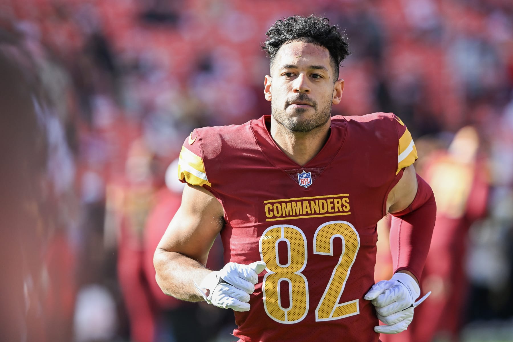 LANDOVER, MARYLAND - DECEMBER 31: Logan Thomas #82 of the Washington Commanders takes the field prior to a game against the San Francisco 49ers at FedExField on December 31, 2023 in Landover, Maryland. (Photo by Greg Fiume/Getty Images)