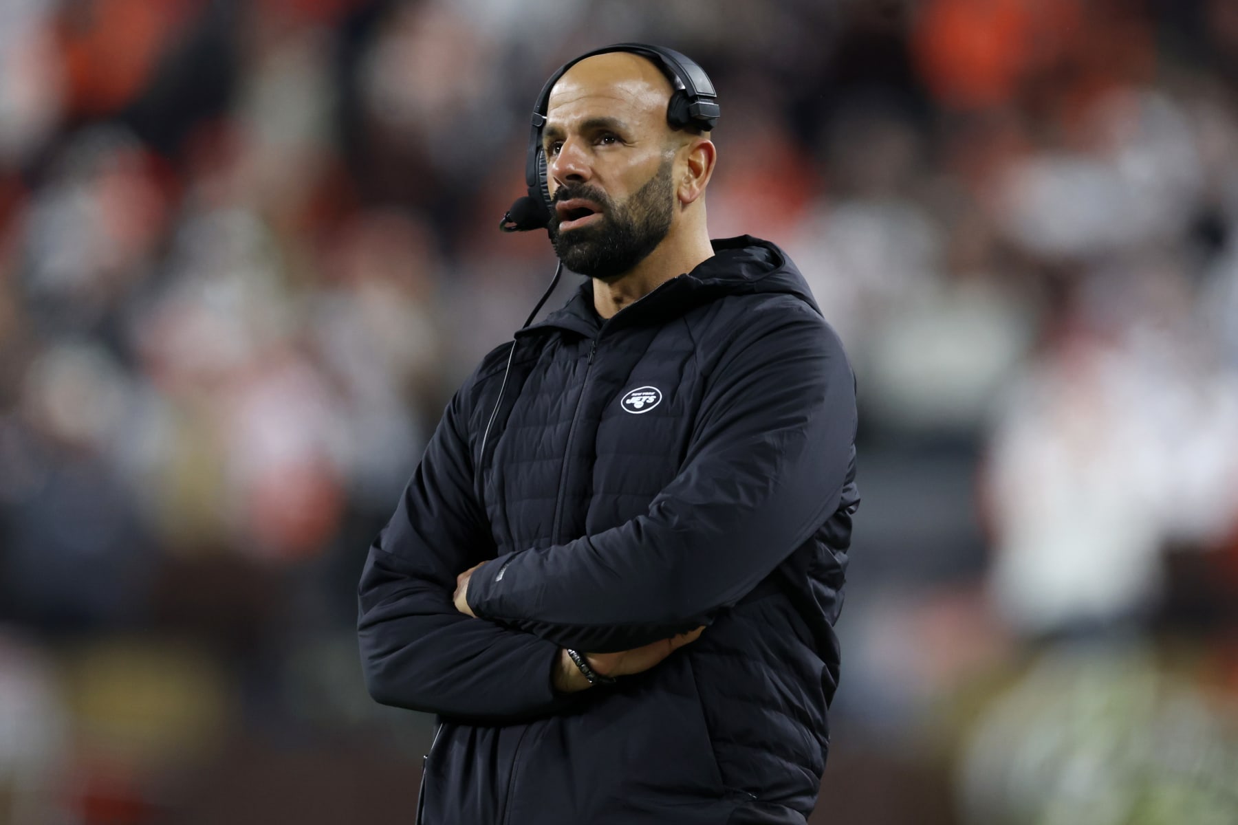 CLEVELAND, OHIO - DECEMBER 28: Head coach Robert Saleh of the New York Jets looks on against the Cleveland Browns at Cleveland Browns Stadium on December 28, 2023 in Cleveland, Ohio. (Photo by Gregory Shamus/Getty Images)
