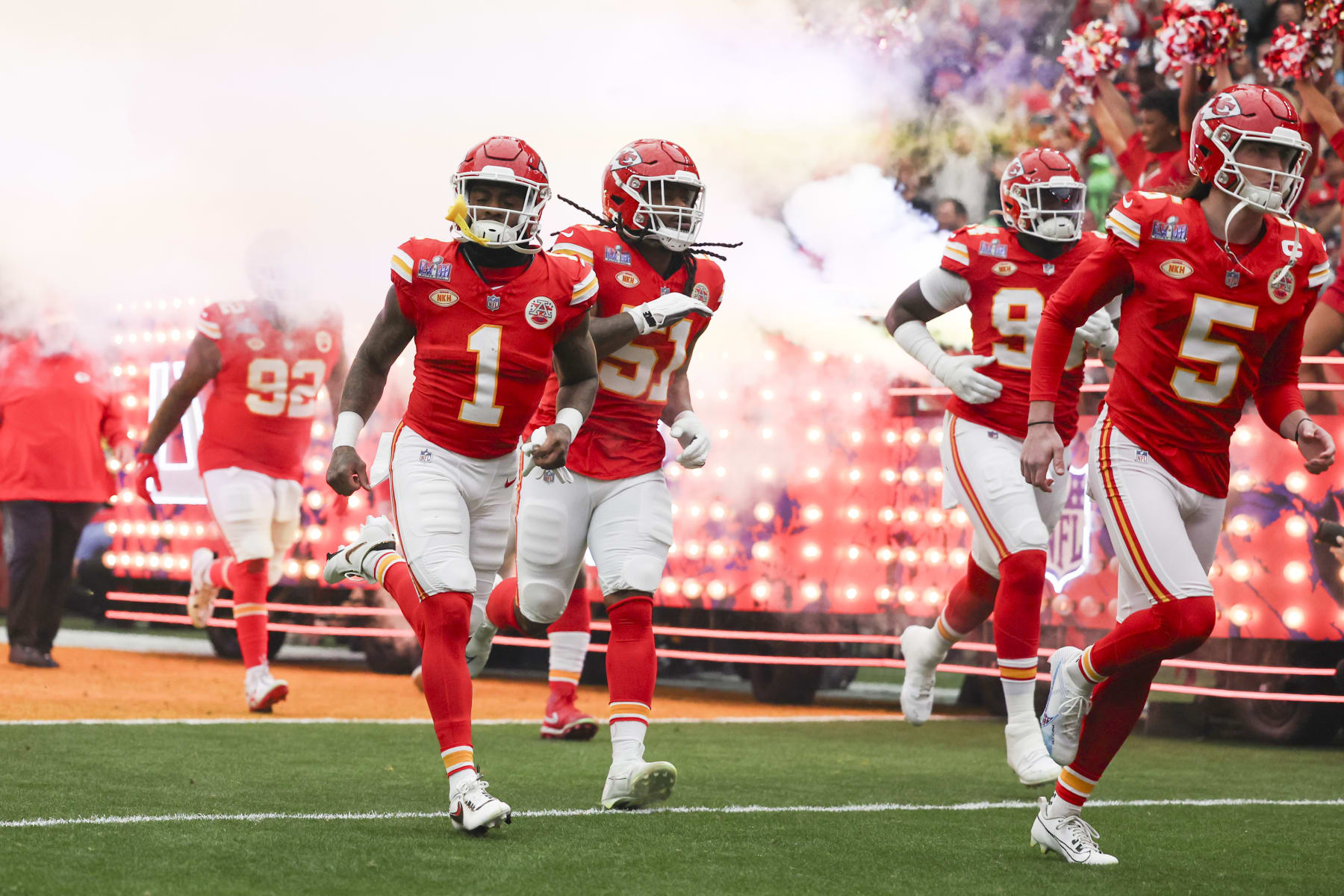 LAS VEGAS, NV - FEBRUARY 11: Tommy Townsend #5, Jerick McKinnon #1, and Mike Danna #51 of the Kansas City Chiefs enter the field prior to Super Bowl LVIII against the San Francisco 49ers at Allegiant Stadium on February 11, 2024 in Las Vegas, NV. (Photo by Perry Knotts/Getty Images)