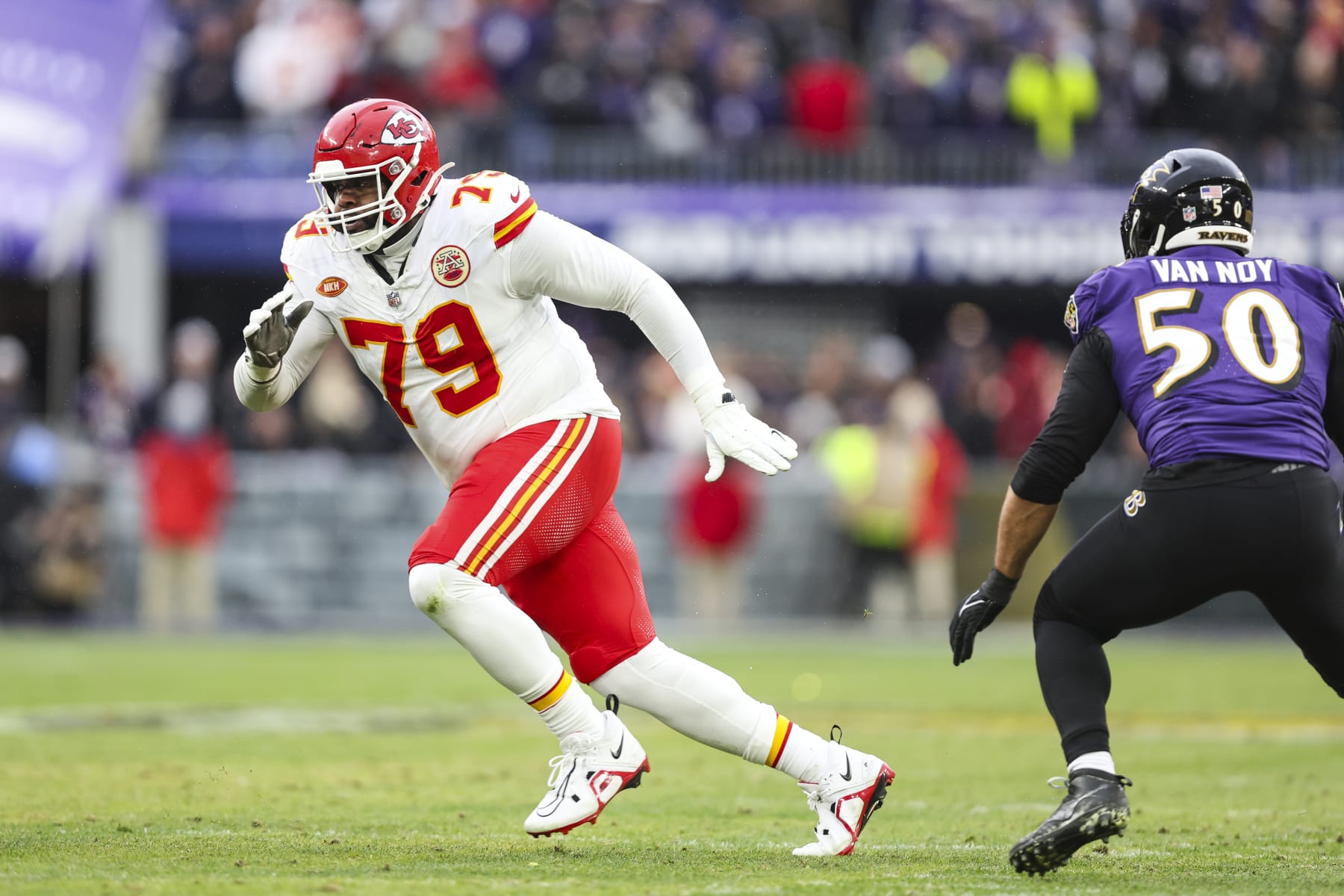 BALTIMORE, MD - JANUARY 28: Donovan Smith #79 of the Kansas City Chiefs steps up to block during the AFC Championship NFL football game against the Baltimore Ravens at M&T Bank Stadium on January 28, 2024 in Baltimore, Maryland. (Photo by Perry Knotts/Getty Images)