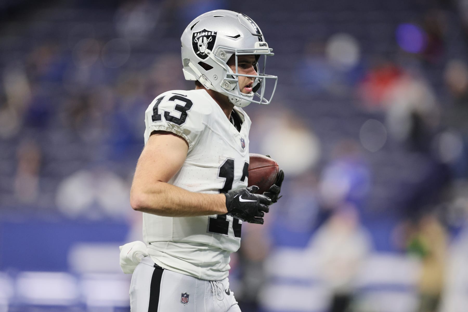 INDIANAPOLIS, INDIANA - DECEMBER 31: Hunter Renfrow #13 of the Las Vegas Raiders warms up before the game against the Indianapolis Colts at Lucas Oil Stadium on December 31, 2023 in Indianapolis, Indiana. (Photo by Andy Lyons/Getty Images)