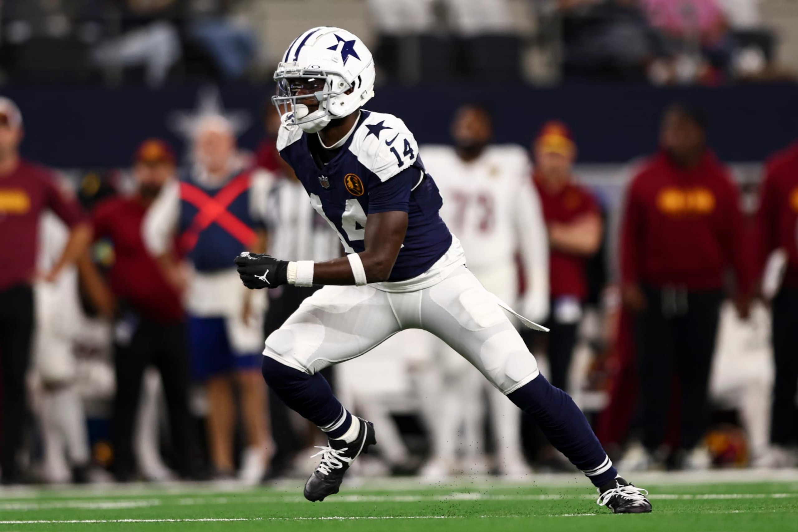 ARLINGTON, TX - NOVEMBER 23: Markquese Bell #14 of the Dallas Cowboys runs downfield during an NFL football game against the Washington Commanders at AT&T Stadium on November 23, 2023 in Arlington, Texas. (Photo by Kevin Sabitus/Getty Images)