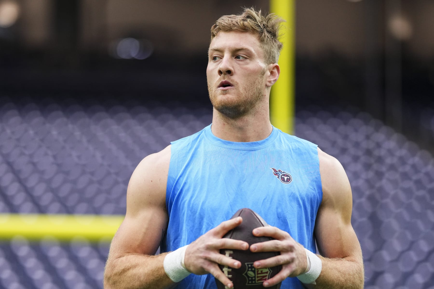 HOUSTON, TX - DECEMBER 31: Will Levis #8 of the Tennessee Titans warms up prior to an NFL football game against the Houston Texans at NRG Stadium on December 31, 2023 in Houston, Texas. (Photo by Cooper Neill/Getty Images)