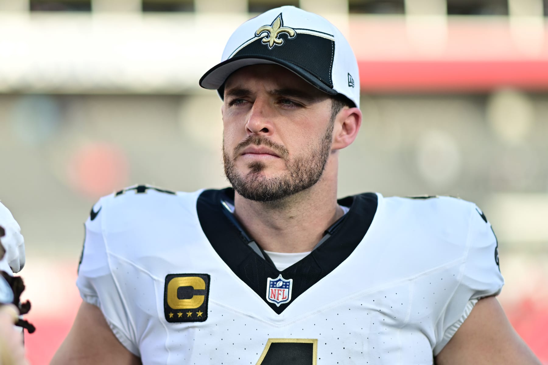 TAMPA, FLORIDA - DECEMBER 31: Derek Carr #4 of the New Orleans Saints looks on after the game against the Tampa Bay Buccaneers at Raymond James Stadium on December 31, 2023 in Tampa, Florida. (Photo by Julio Aguilar/Getty Images)