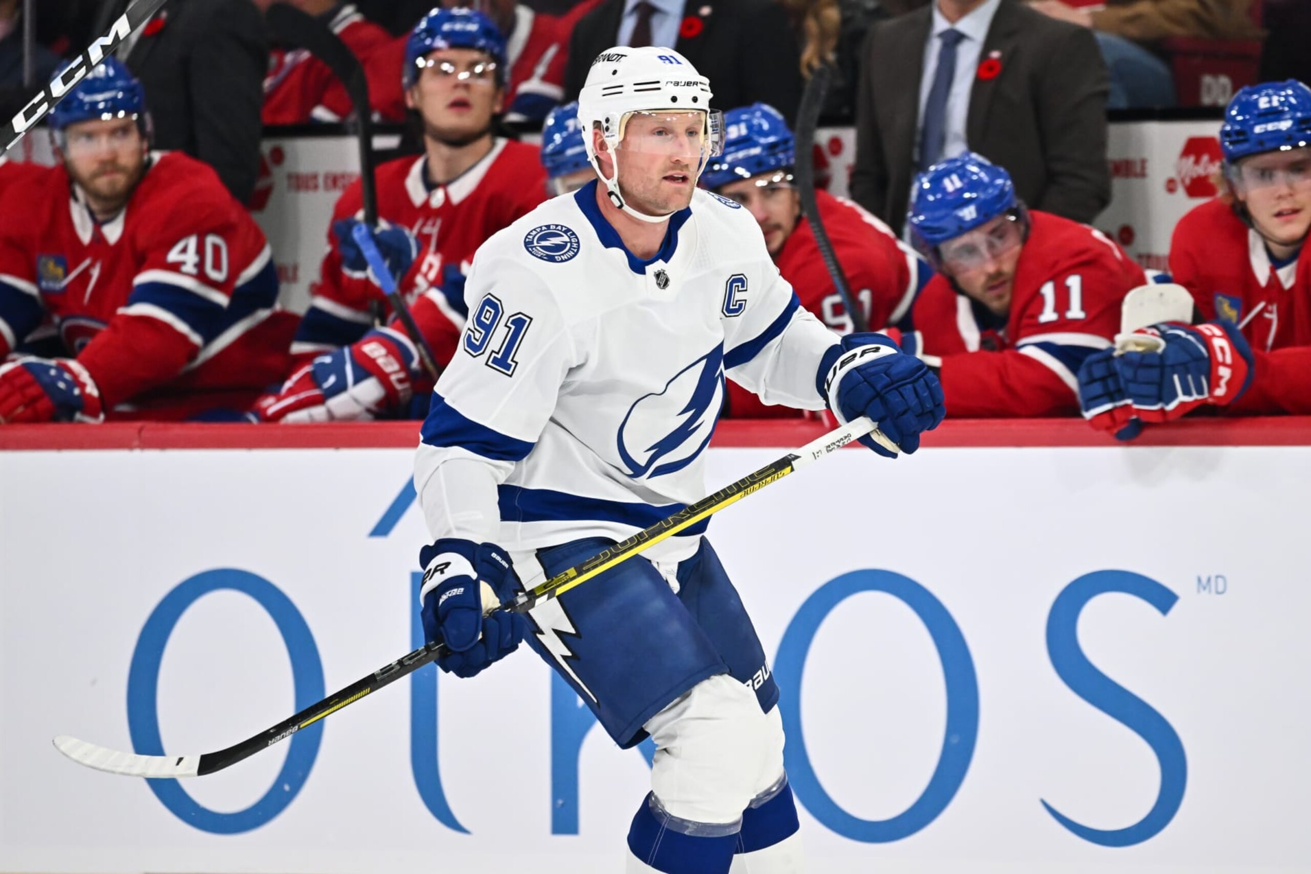 MONTREAL, CANADA - NOVEMBER 07: Steven Stamkos #91 of the Tampa Bay Lightning skates during the first period against the Montreal Canadiens at the Bell Centre on November 7, 2023 in Montreal, Quebec, Canada.  The Tampa Bay Lightning defeated the Montreal Canadiens 5-3.  (Photo by Minas Panagiotakis/Getty Images)