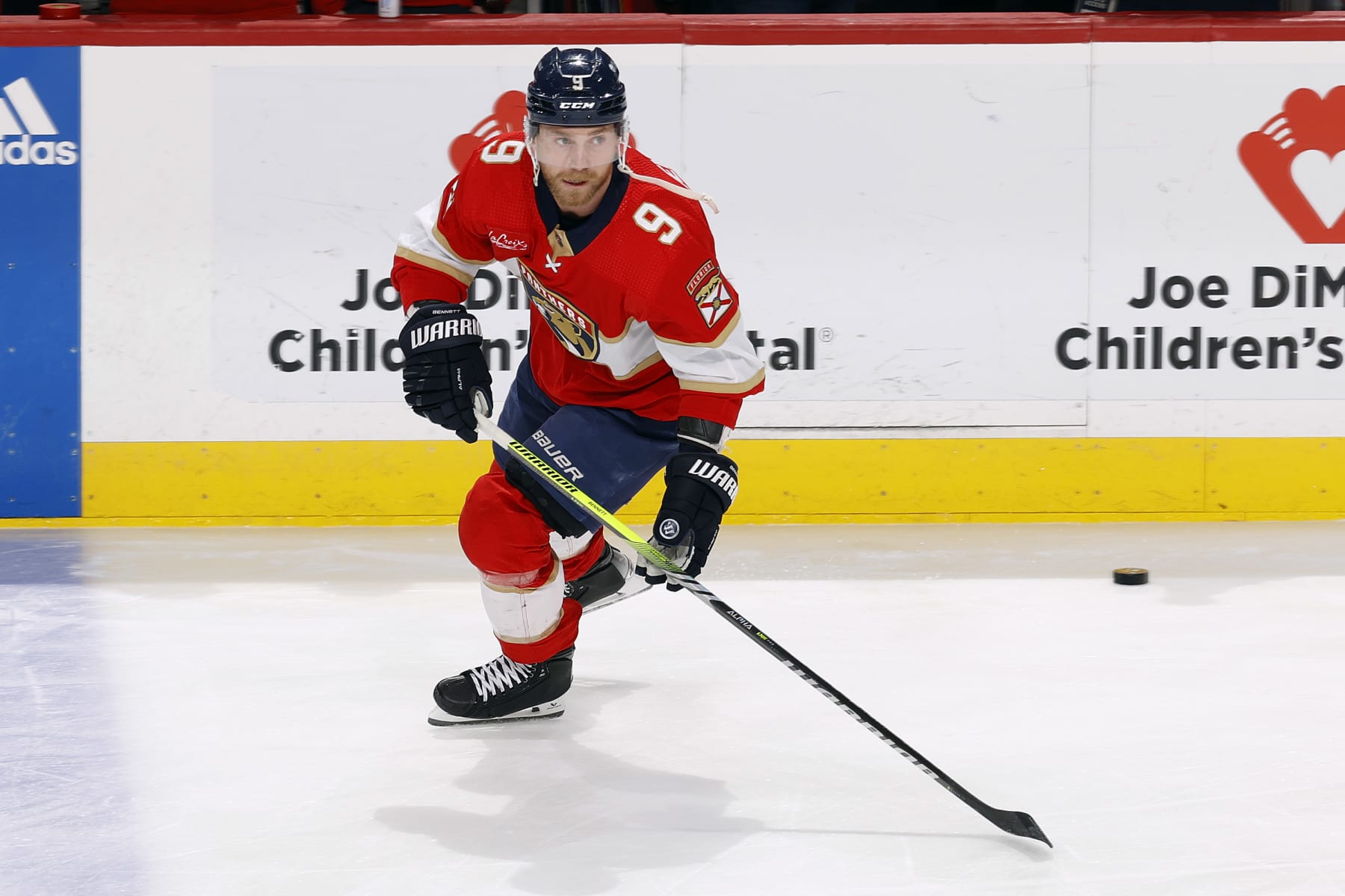 SUNRISE, FL - APRIL 13: Sam Bennett #9 of the Florida Panthers skates prior to the game against the Buffalo Sabres at the Amerant Bank Arena on April 13, 2024 in Sunrise, Florida. (Photo by Joel Auerbach/Getty Images)