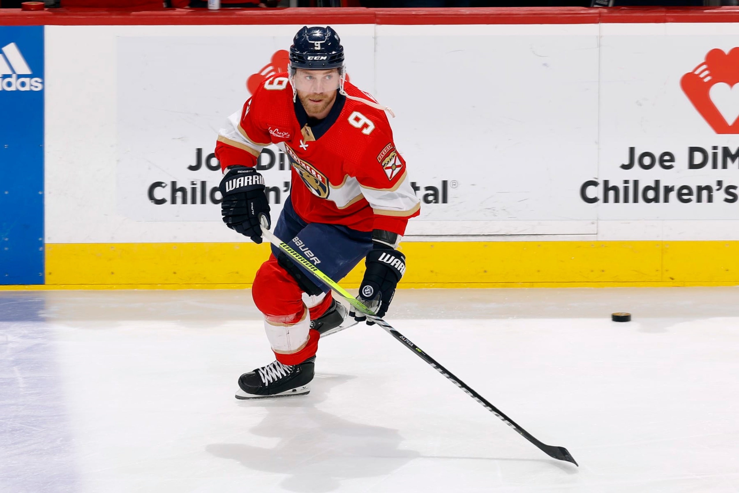 SUNRISE, FL - APRIL 13: Sam Bennett #9 of the Florida Panthers skates prior to the game against the Buffalo Sabres at the Amerant Bank Arena on April 13, 2024 in Sunrise, Florida. (Photo by Joel Auerbach/Getty Images)