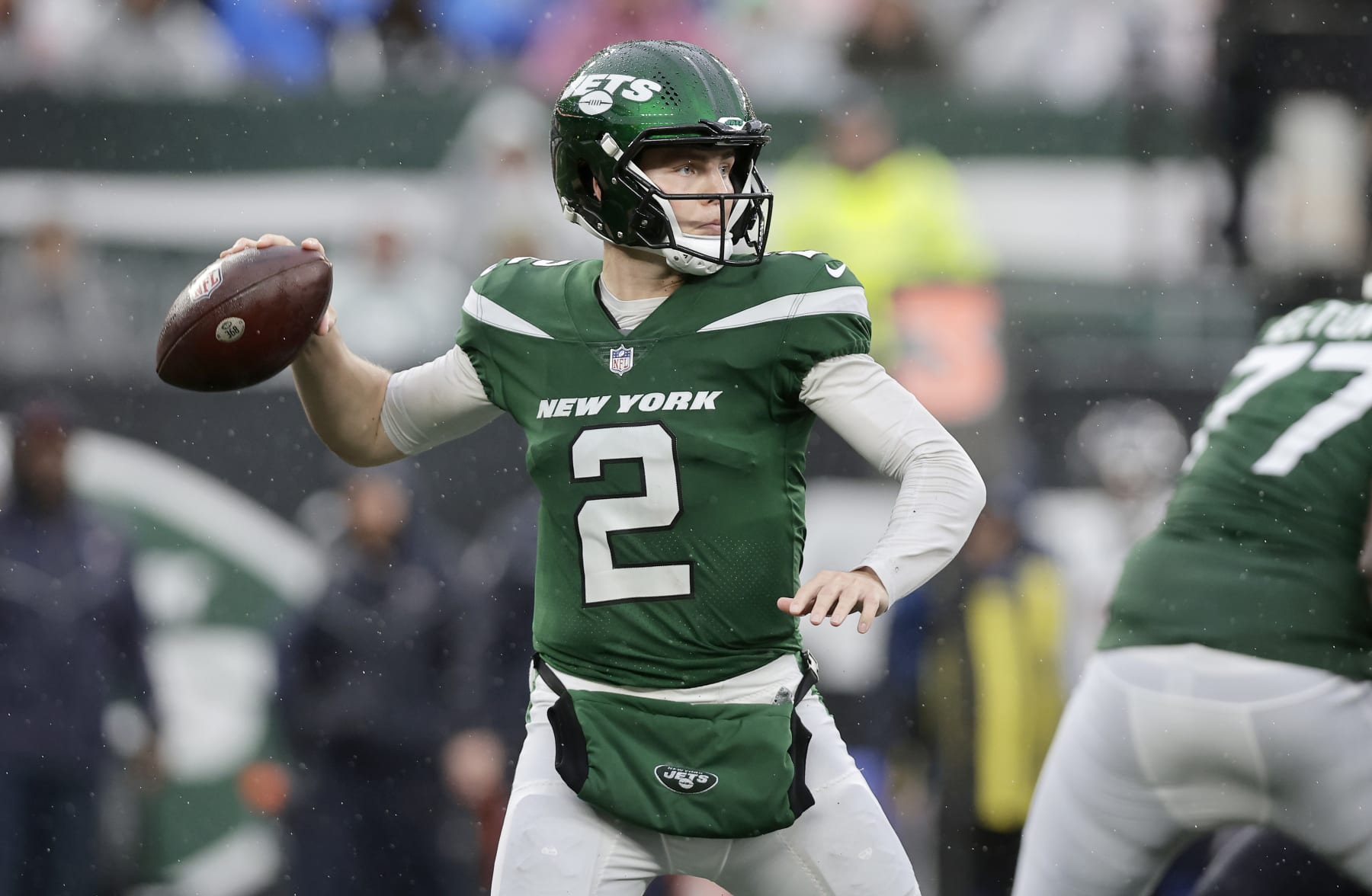 EAST RUTHERFORD, NEW JERSEY - DECEMBER 10: (NEW YORK DAILIES OUT)  Zach Wilson #2 of the New York Jets in action against the Houston Texans at MetLife Stadium on December 10, 2023 in East Rutherford, New Jersey. The Jets defeated the Texans 30-6. (Photo by Jim McIsaac/Getty Images)