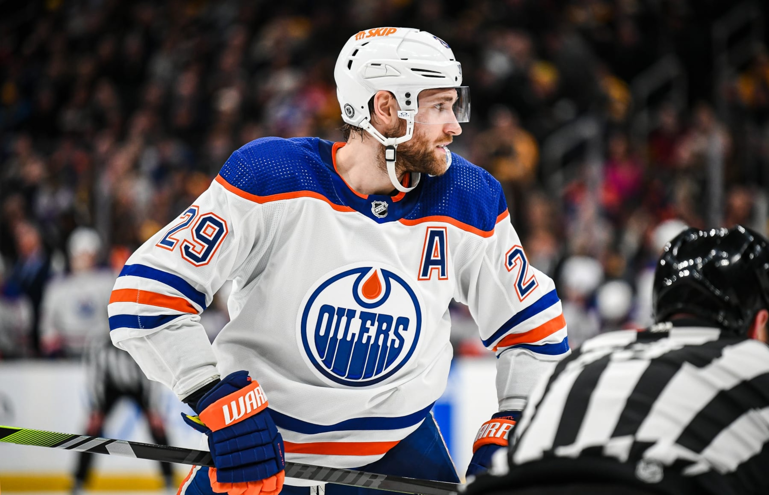 BOSTON, MASSACHUSETTS - MARCH 05: Leon Draisaitl #29 of the Edmonton Oilers prepares for a face-off against the Boston Bruins at TD Garden on March 05, 2024 in Boston, Massachusetts. (Photo by China Wong/NHLI via Getty Images)