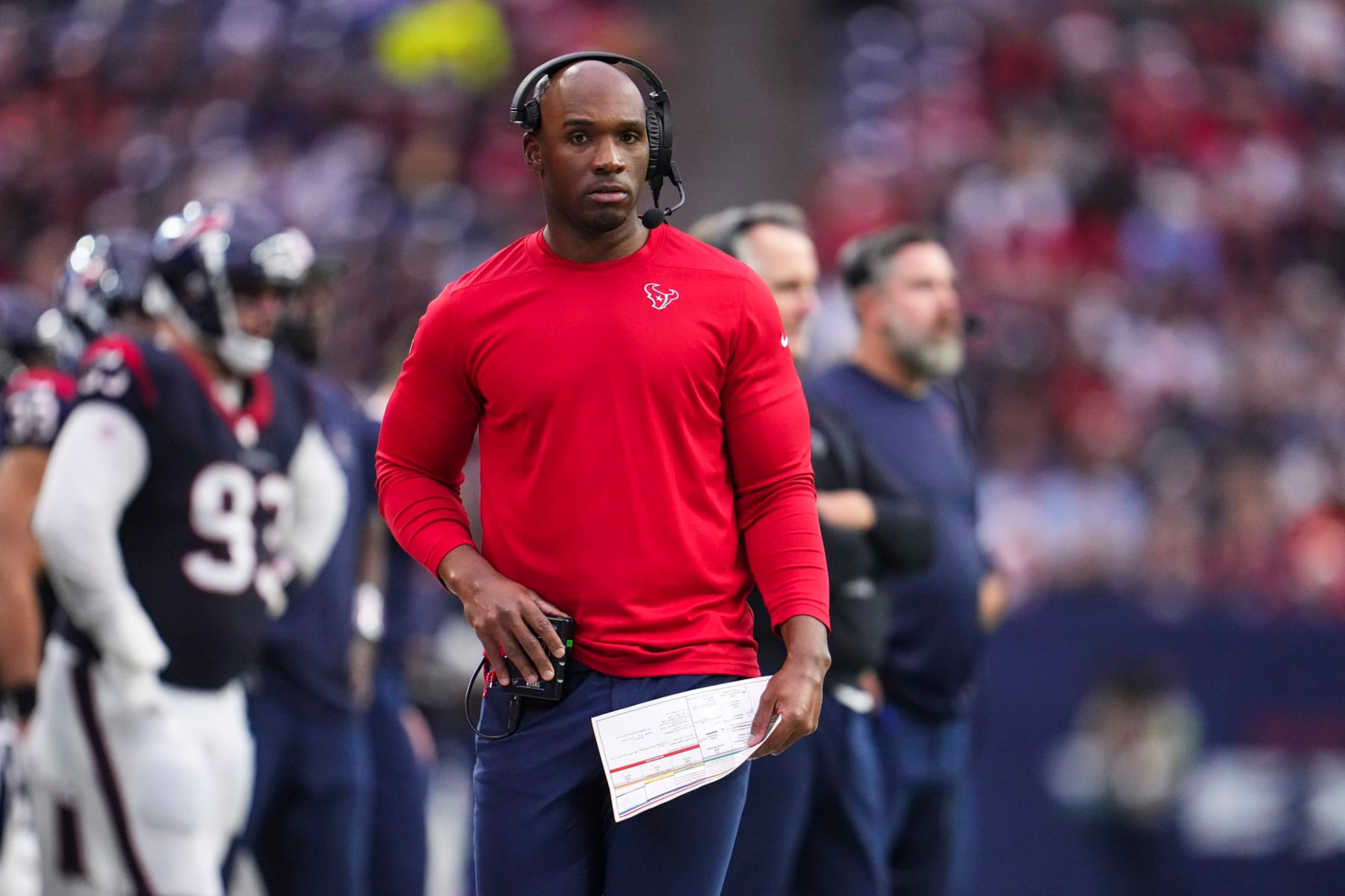 HOUSTON, TX - DECEMBER 24: Houston Texans head coach DeMeco Ryans looks on from the sideline during an NFL football game against the Cleveland Browns at NRG Stadium on December 24, 2023 in Houston, Texas. (Photo by Cooper Neill/Getty Images)