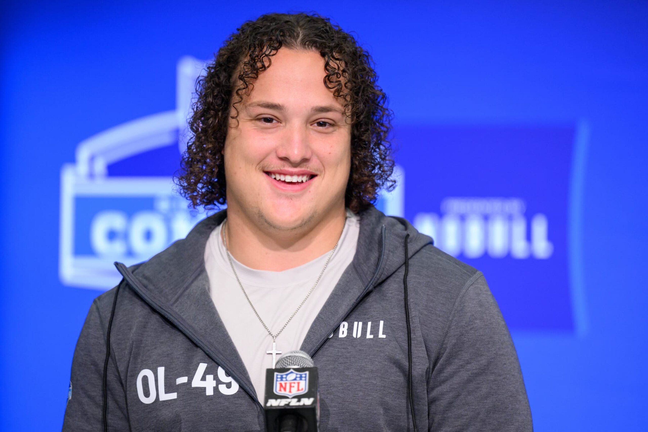 INDIANAPOLIS, IN - MARCH 02: N.C. State offensive lineman Dylan McMahon answers questions from the media during the NFL Scouting Combine on March 2, 2024, at the Indiana Convention Center in Indianapolis, IN. (Photo by Zach Bolinger/Icon Sportswire via Getty Images)