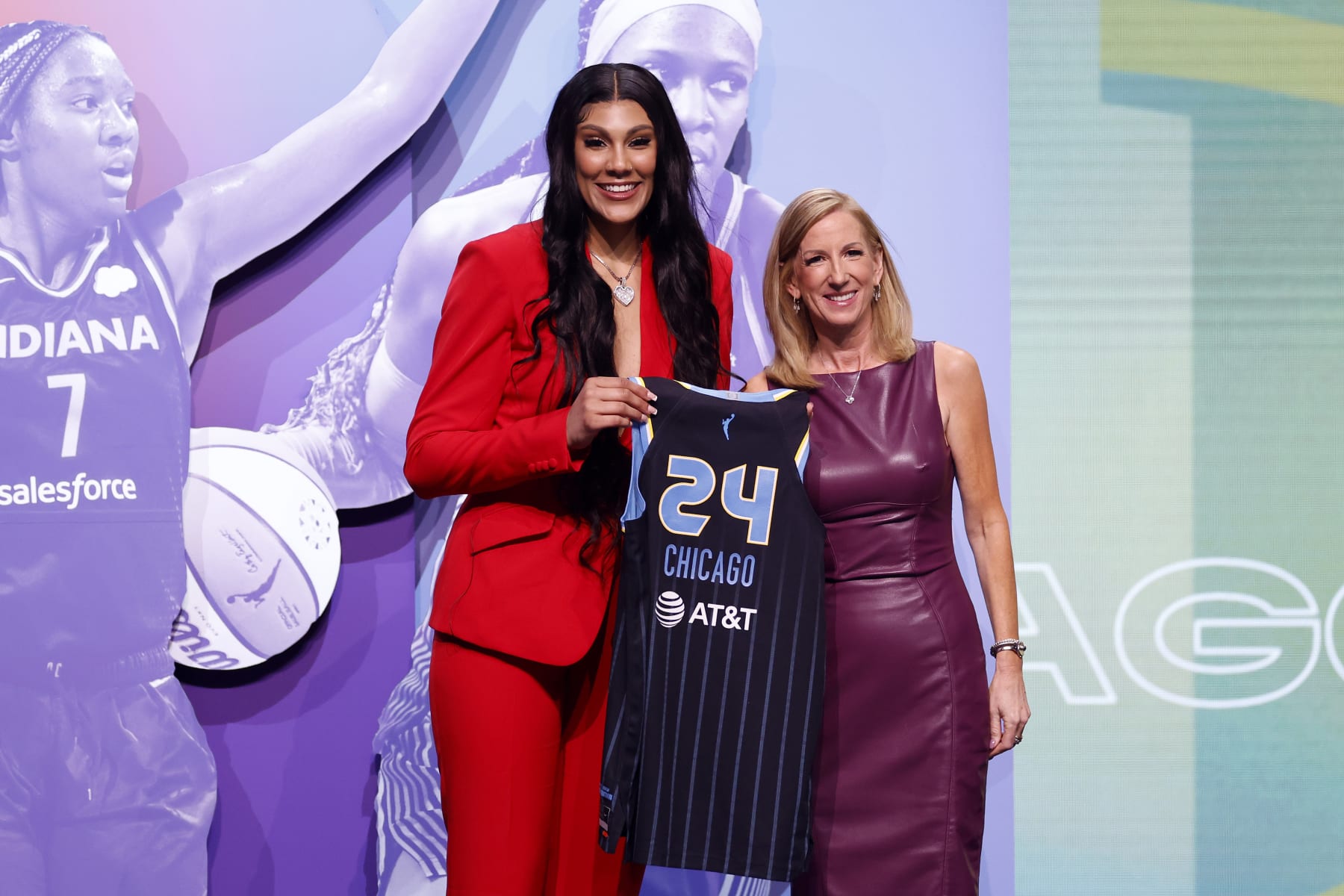 NEW YORK, NEW YORK - APRIL 15: Kamilla Cardoso poses with WNBA Commissioner Cathy Engelbert after being selected third overall pick by the Chicago Sky during the 2024 WNBA Draft at Brooklyn Academy of Music on April 15, 2024 in New York City. (Photo by Sarah Stier/Getty Images)
