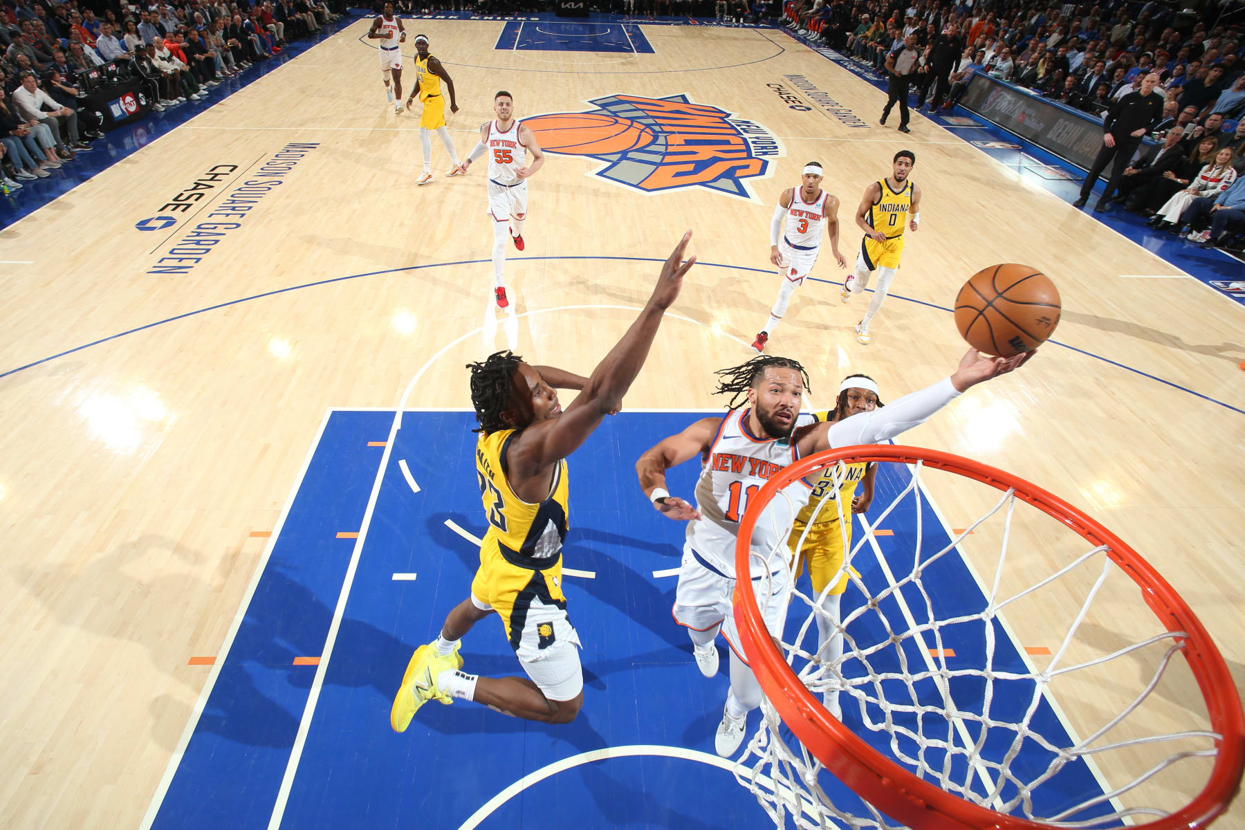 NEW YORK, NY - MAY 6: Jalen Brunson #11 of the New York Knicks drives to the basket during the game  against the Indiana Pacers during Round 2 Game 1 of the 2024 NBA Playoffs on May 6, 2024 at Madison Square Garden in New York City, New York.  NOTE TO USER: User expressly acknowledges and agrees that, by downloading and or using this photograph, User is consenting to the terms and conditions of the Getty Images License Agreement. Mandatory Copyright Notice: Copyright 2024 NBAE  (Photo by Nathaniel S. Butler/NBAE via Getty Images)