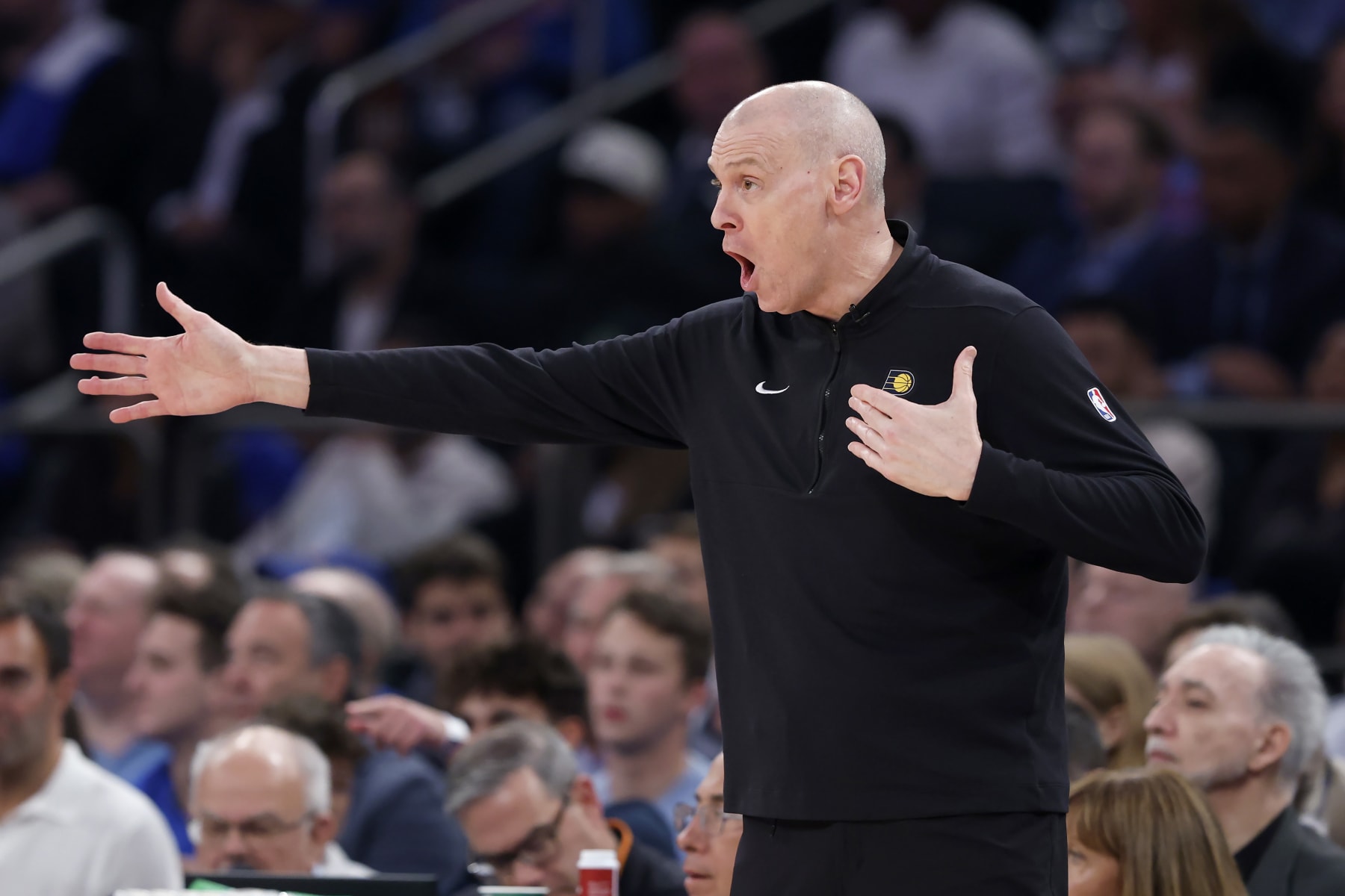 NEW YORK, NEW YORK - MAY 06: Indiana Pacers head coach Rick Carlisle reacts during the first half in Game One of the Eastern Conference Second Round Playoffs against the New York Knicks at Madison Square Garden on May 06, 2024 in New York City. NOTE TO USER: User expressly acknowledges and agrees that, by downloading and or using this photograph, User is consenting to the terms and conditions of the Getty Images License Agreement. (Photo by Sarah Stier/Getty Images)