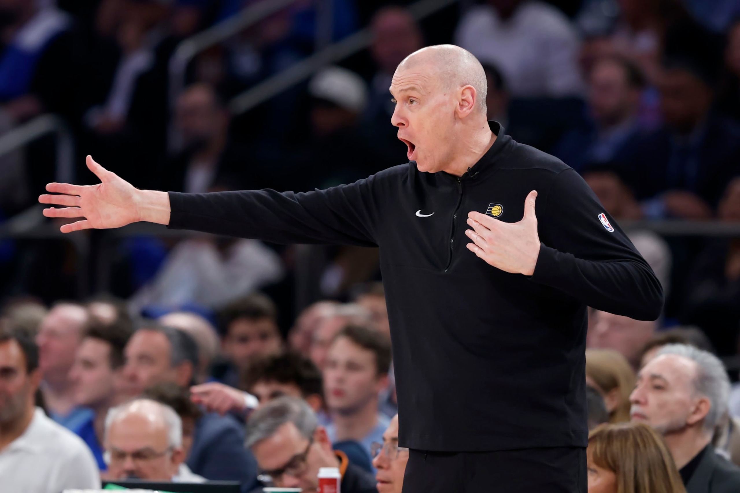 NEW YORK, NEW YORK - MAY 06: Indiana Pacers head coach Rick Carlisle reacts during the first half in Game One of the Eastern Conference Second Round Playoffs against the New York Knicks at Madison Square Garden on May 06, 2024 in New York City. NOTE TO USER: User expressly acknowledges and agrees that, by downloading and or using this photograph, User is consenting to the terms and conditions of the Getty Images License Agreement. (Photo by Sarah Stier/Getty Images)