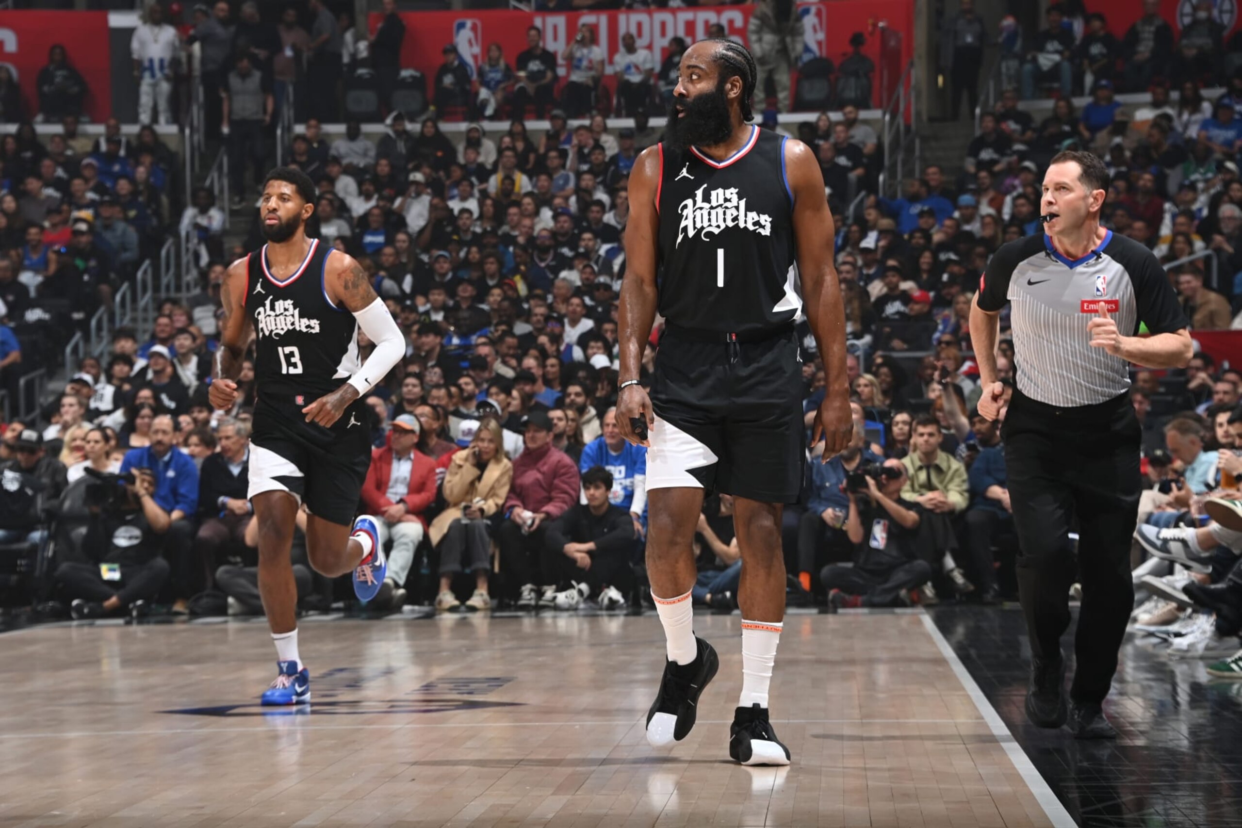 LOS ANGELES, CA - APRIL 23: James Harden #1 of the LA Clippers looks on during the game against the Dallas Mavericks during Round 1 Game 2 of the 2024 NBA Playoffs on April 23, 2024 at Crypto.Com Arena in Los Angeles, California. NOTE TO USER: User expressly acknowledges and agrees that, by downloading and/or using this Photograph, user is consenting to the terms and conditions of the Getty Images License Agreement. Mandatory Copyright Notice: Copyright 2024 NBAE (Photo by Andrew D. Bernstein/NBAE via Getty Images) LOS ANGELES, CA - APRIL 23: James Harden #1 of the LA Clippers looks on during the game against the Dallas Mavericks during Round 1 Game 2 of the 2024 NBA Playoffs on April 23, 2024 at Crypto.Com Arena in Los Angeles, California. NOTE TO USER: User expressly acknowledges and agrees that, by downloading and/or using this Photograph, user is consenting to the terms and conditions of the Getty Images License Agreement. Mandatory Copyright Notice: Copyright 2024 NBAE (Photo by Andrew D. Bernstein/NBAE via Getty Images)