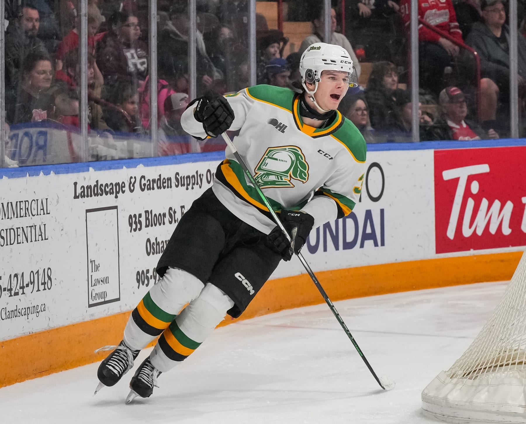 OSHAWA, CANADA - FEBRUARY 11: Sam Dickinson #3 of the London Knights skates against the Oshawa Generals at Tribute Communities Centre on February 11, 2024 in Oshawa, Ontario, Canada. (Photo by Chris Tanouye/Getty Images)