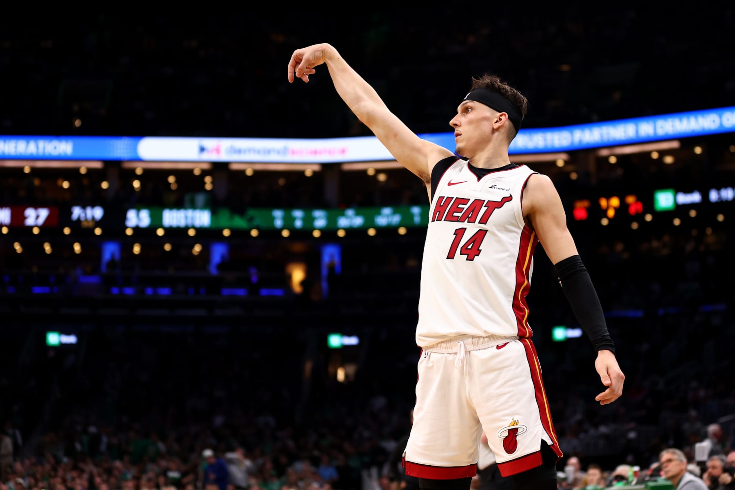 BOSTON, MASSACHUSETTS - MAY 01: Tyler Herro #14 of the Miami Heat watches his shot against the Boston Celtics during the second quarter of game five of the Eastern Conference First Round Playoffs at TD Garden on May 01, 2024 in Boston, Massachusetts. NOTE TO USER: User expressly acknowledges and agrees that, by downloading and/or using this Photograph, user is consenting to the terms and conditions of the Getty Images License Agreement. (Photo by Maddie Meyer/Getty Images) BOSTON, MASSACHUSETTS - MAY 01: Tyler Herro #14 of the Miami Heat watches his shot against the Boston Celtics during the second quarter of game five of the Eastern Conference First Round Playoffs at TD Garden on May 01, 2024 in Boston, Massachusetts. NOTE TO USER: User expressly acknowledges and agrees that, by downloading and/or using this Photograph, user is consenting to the terms and conditions of the Getty Images License Agreement. (Photo by Maddie Meyer/Getty Images)