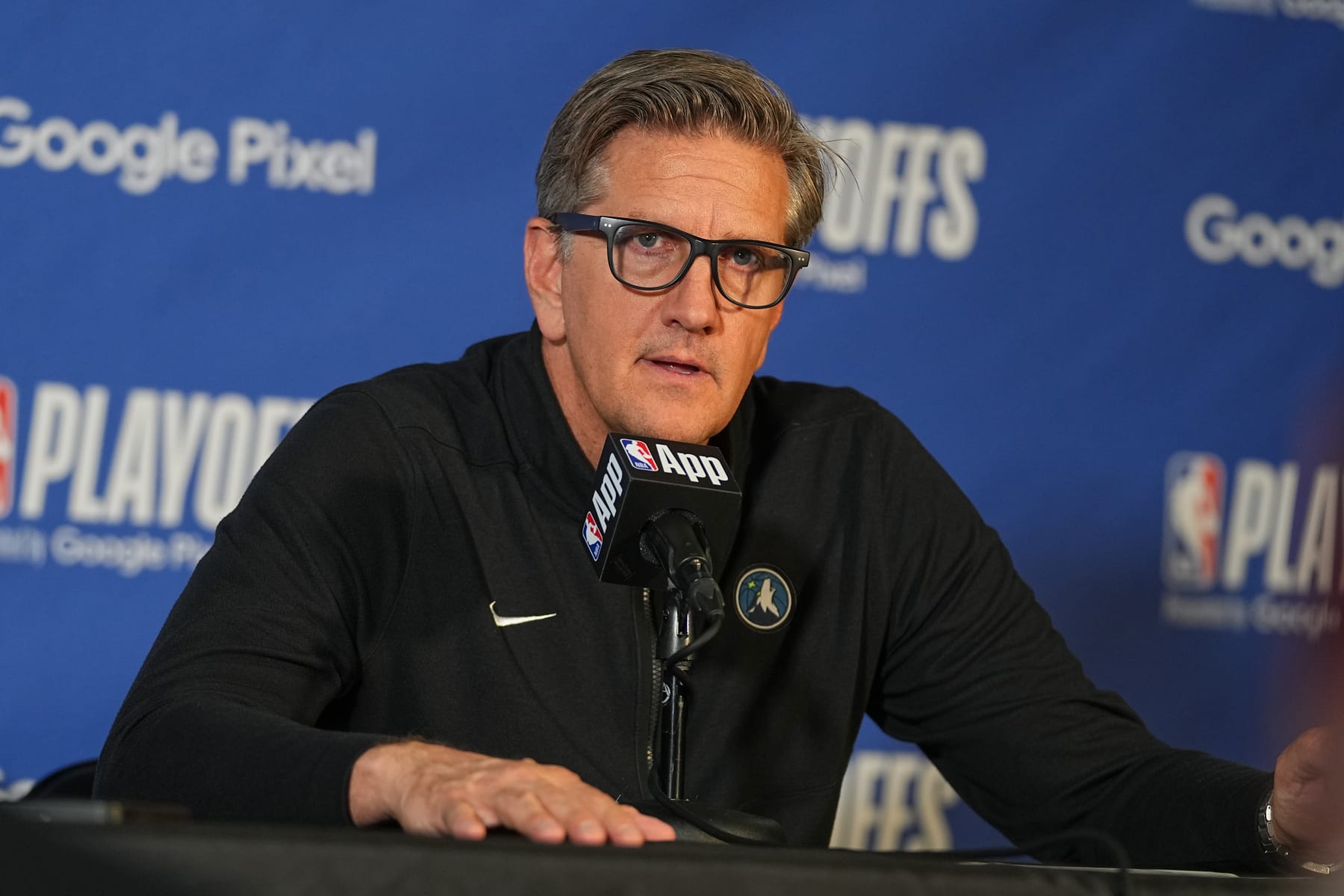 DENVER, CO - MAY 6:  Head Coach Chris Finch of the Minnesota Timberwolves talks to the media after the game during the post-game press conference during Round 2 Game 2 of the 2024 NBA Playoffs  on May 6, 2024 at the Ball Arena in Denver, Colorado. NOTE TO USER: User expressly acknowledges and agrees that, by downloading and/or using this Photograph, user is consenting to the terms and conditions of the Getty Images License Agreement. Mandatory Copyright Notice: Copyright 2024 NBAE (Photo by Bart Young/NBAE via Getty Images)