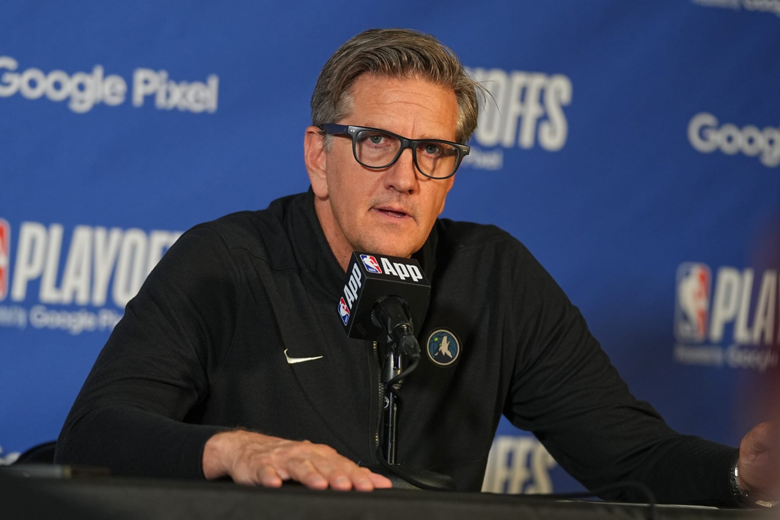 DENVER, CO - MAY 6:  Head Coach Chris Finch of the Minnesota Timberwolves talks to the media after the game during the post-game press conference during Round 2 Game 2 of the 2024 NBA Playoffs  on May 6, 2024 at the Ball Arena in Denver, Colorado. NOTE TO USER: User expressly acknowledges and agrees that, by downloading and/or using this Photograph, user is consenting to the terms and conditions of the Getty Images License Agreement. Mandatory Copyright Notice: Copyright 2024 NBAE (Photo by Bart Young/NBAE via Getty Images)