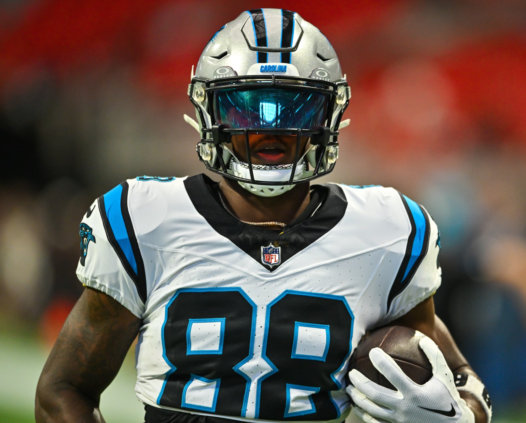 ATLANTA, GA  SEPTEMBER 10:  Carolina wide receiver Terrace Marshall Jr. (88) warms up prior to the start of the NFL game between the Carolina Panthers and the Atlanta Falcons on September 10th, 2023 at Mercedes-Benz Stadium in Atlanta, GA.  (Photo by Rich von Biberstein/Icon Sportswire via Getty Images)