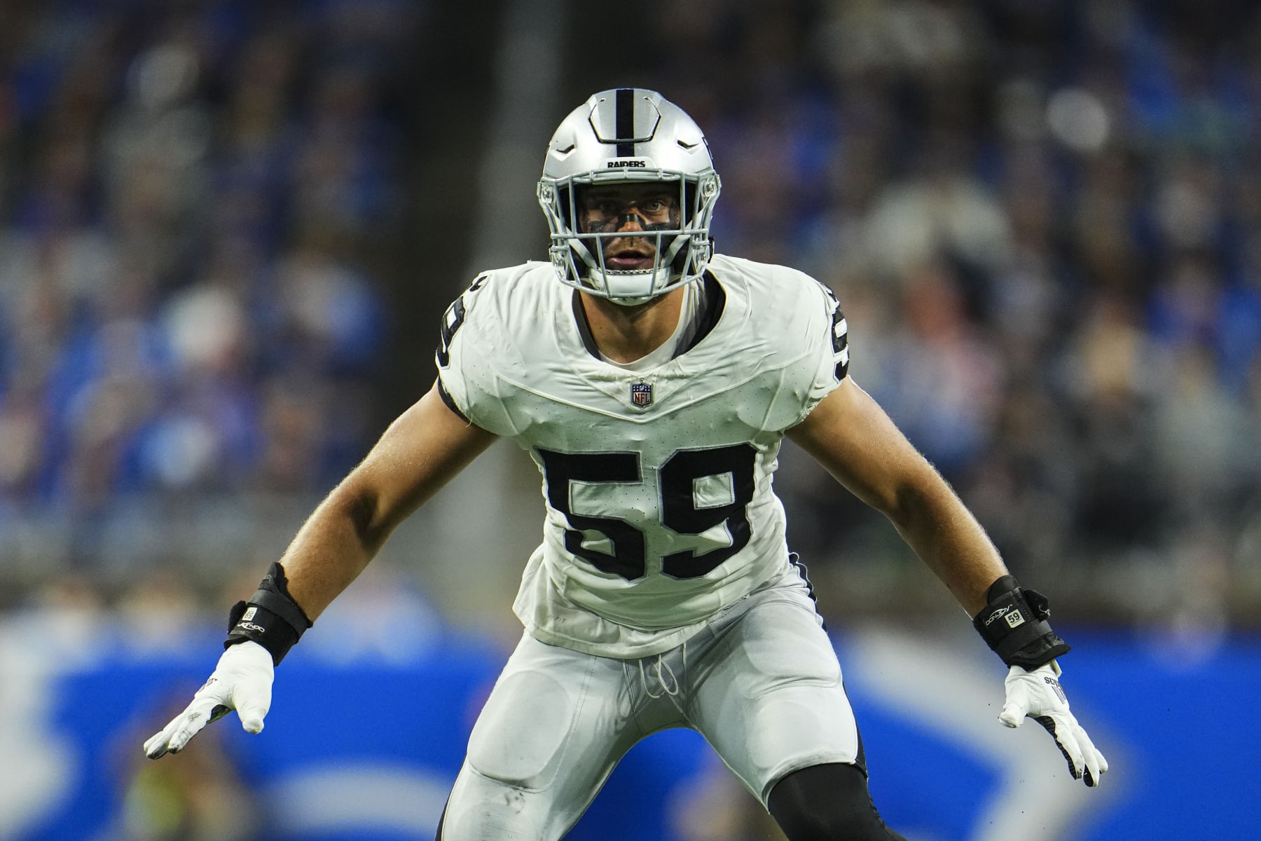 DETROIT, MI - OCTOBER 30: Luke Masterson #59 of the Las Vegas Raiders defends in coverage during an NFL game against the Detroit Lions at Ford Field on October 30, 2023 in Detroit, Michigan. (Photo by Cooper Neill/Getty Images)