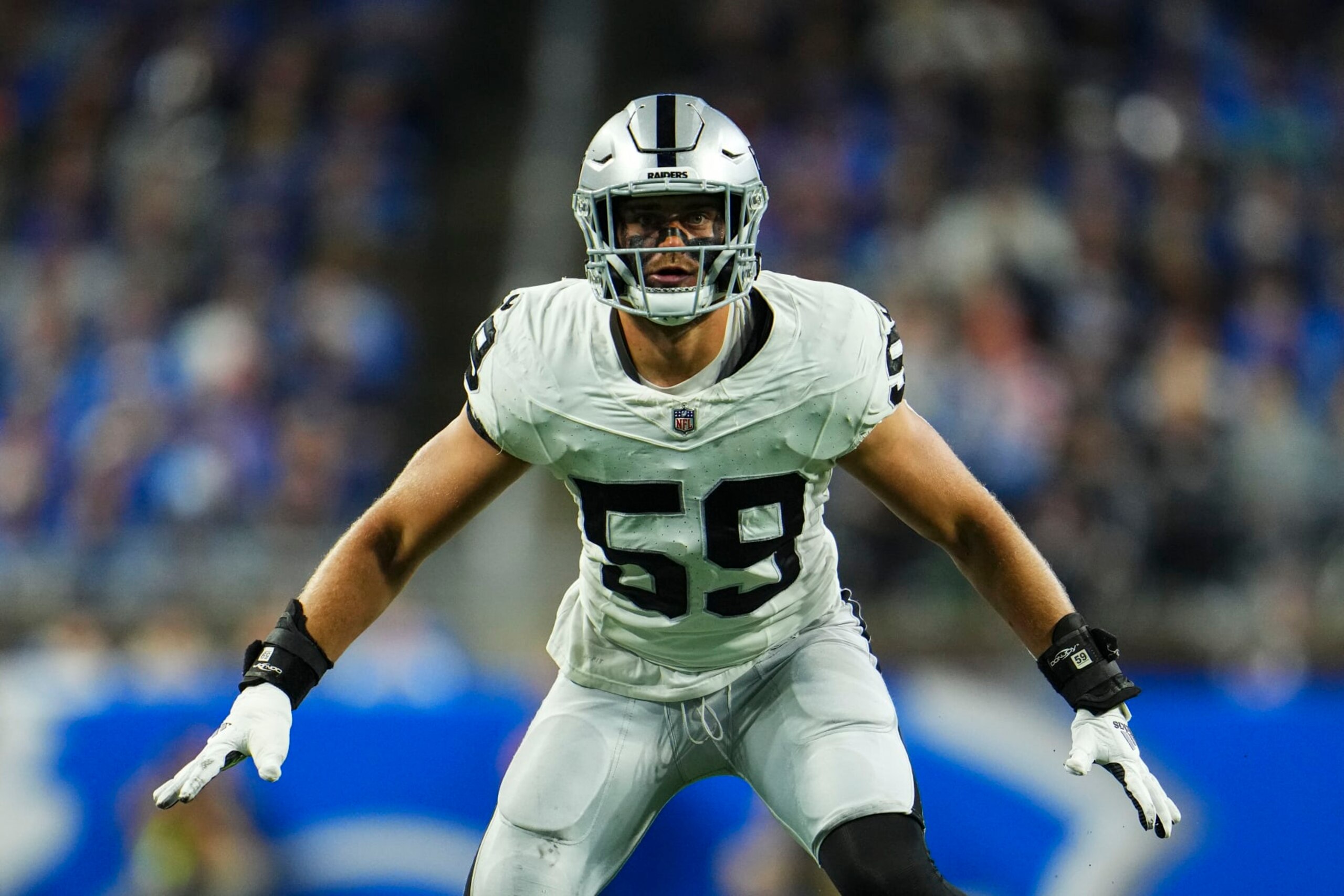 DETROIT, MI - OCTOBER 30: Luke Masterson #59 of the Las Vegas Raiders defends in coverage during an NFL game against the Detroit Lions at Ford Field on October 30, 2023 in Detroit, Michigan. (Photo by Cooper Neill/Getty Images)