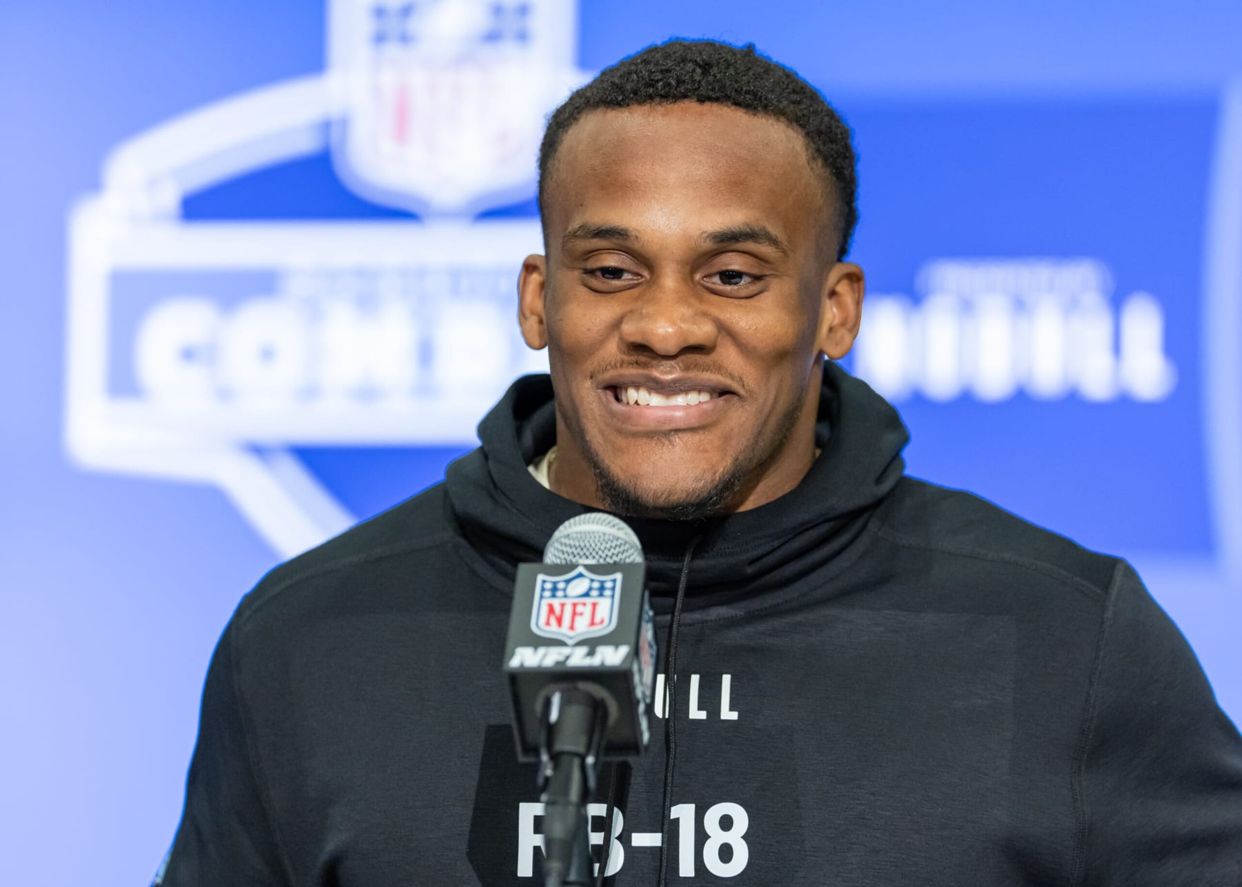 INDIANAPOLIS, INDIANA - MARCH 01: Marshawn Lloyd #RB18 of the Southern California Trojans speaks to the media during the 2024 NFL Draft Combine at Lucas Oil Stadium on March 01, 2024 in Indianapolis, Indiana. (Photo by Michael Hickey/Getty Images)