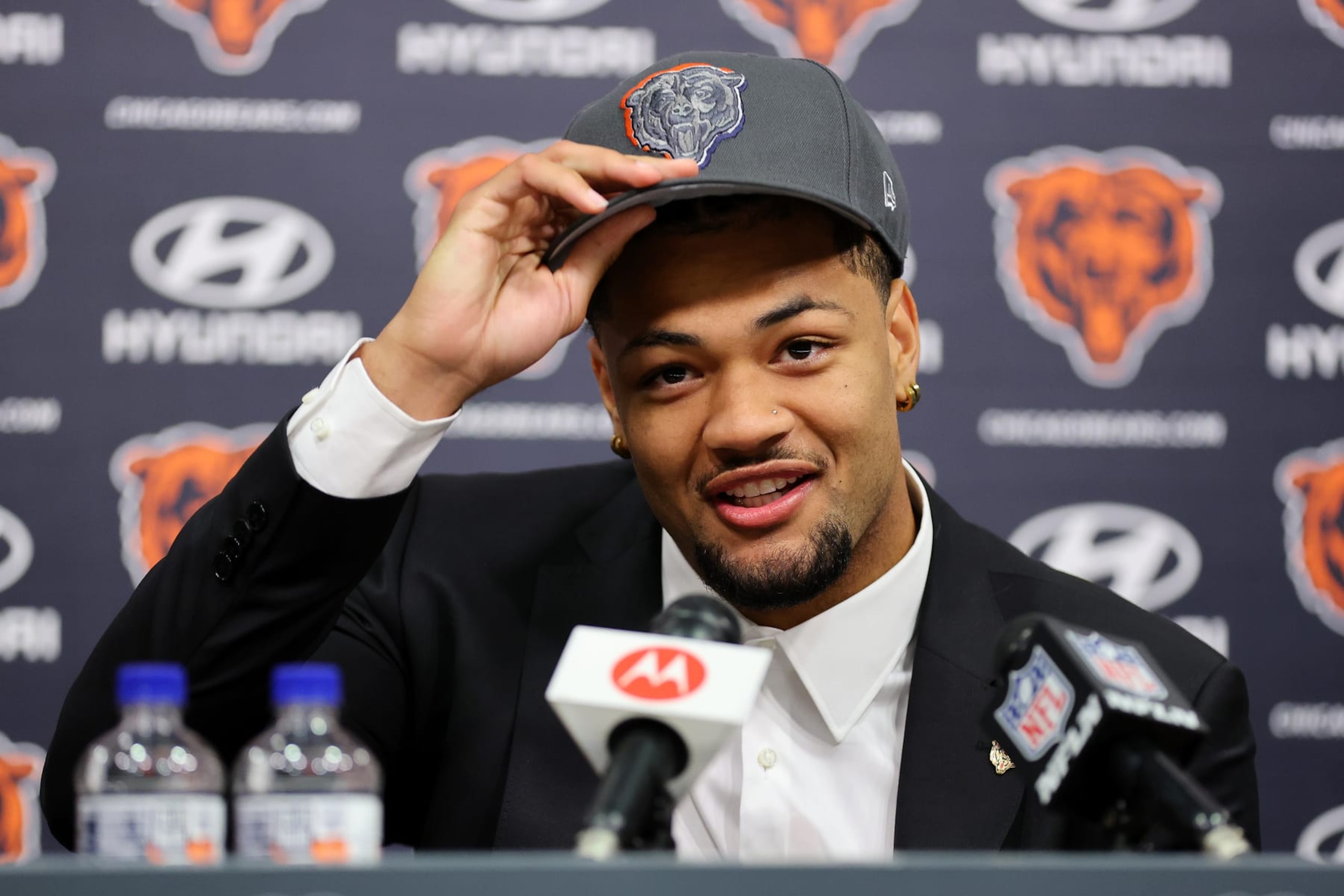 LAKE FOREST, ILLINOIS - APRIL 26: Rome Odunze #15 of the Chicago Bears answers questions from the media during his introductory press conference at Halas Hall on April 26, 2024 in Lake Forest, Illinois. Rome Odunze was selected by the Chicago Bears ninth overall in the 2024 NFL Draft on Thursday. (Photo by Michael Reaves/Getty Images)