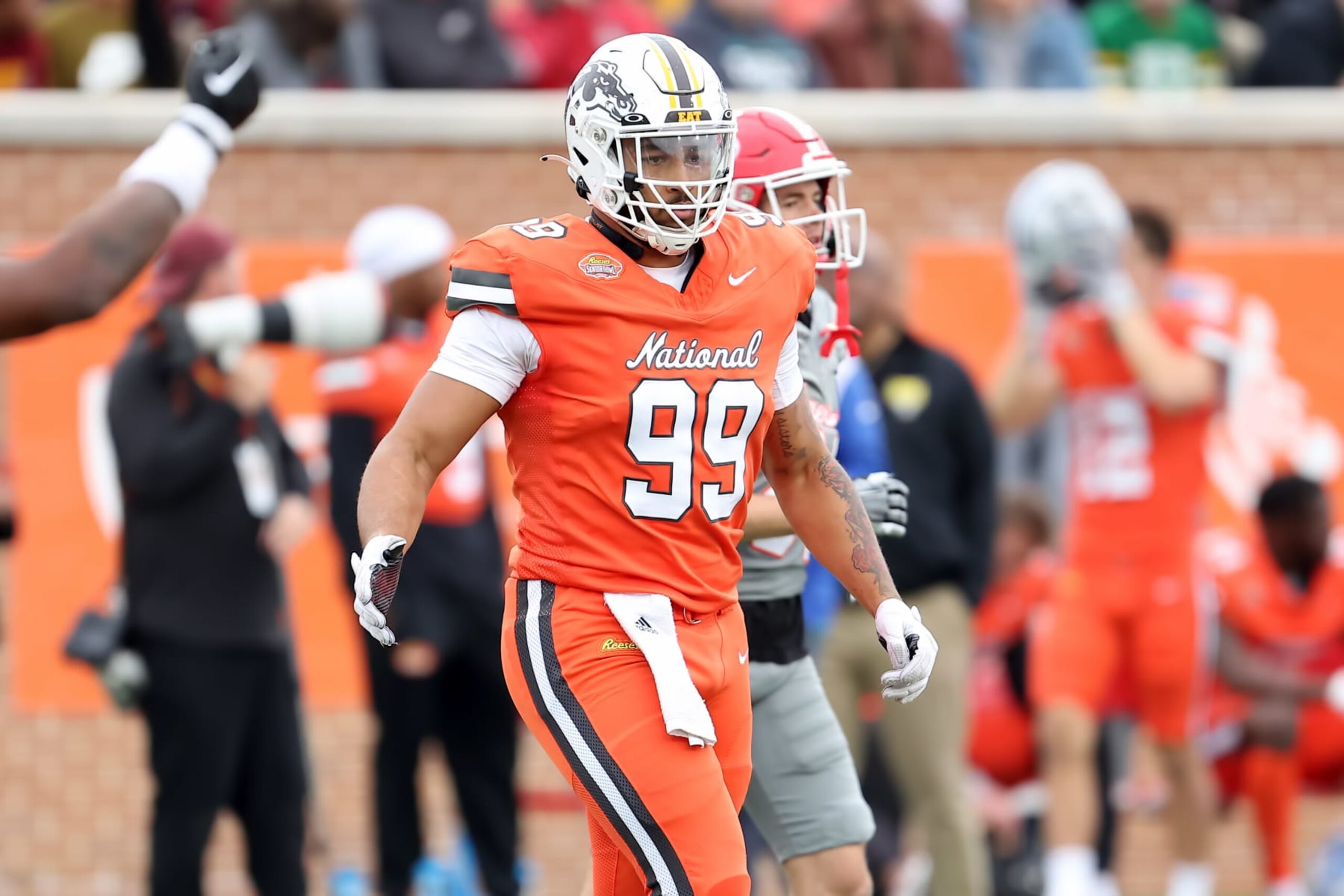 MOBILE, AL - FEBRUARY 03: National edge Marshawn Kneeland of Western Michigan (99) during the 2024 Reese's Senior Bowl on February 3, 2024 at Hancock Whitney Stadium in Mobile, Alabama.  (Photo by Michael Wade/Icon Sportswire via Getty Images)