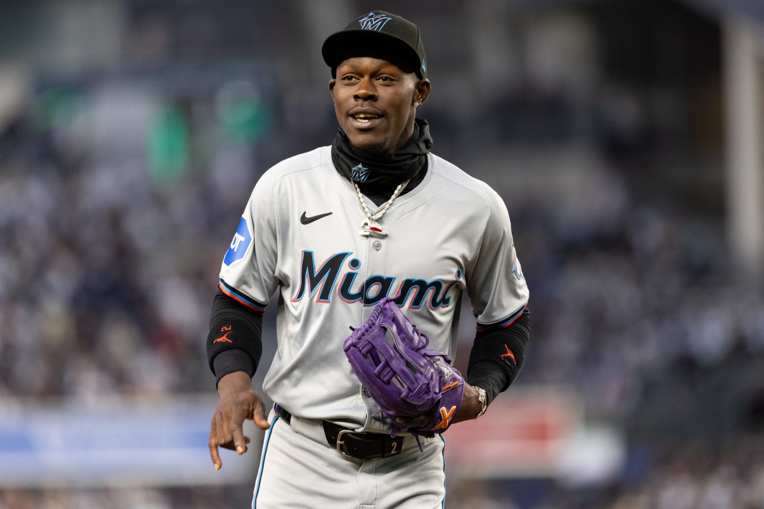 NEW YORK, NEW YORK - APRIL 10: Jazz Chisholm Jr. #2 of the Miami Marlins jogs off of the field at the end of the first inning of the game against the New York Yankees at Yankee Stadium on April 10, 2024 in the Bronx borough of New York City. (Photo by Dustin Satloff/Getty Images)