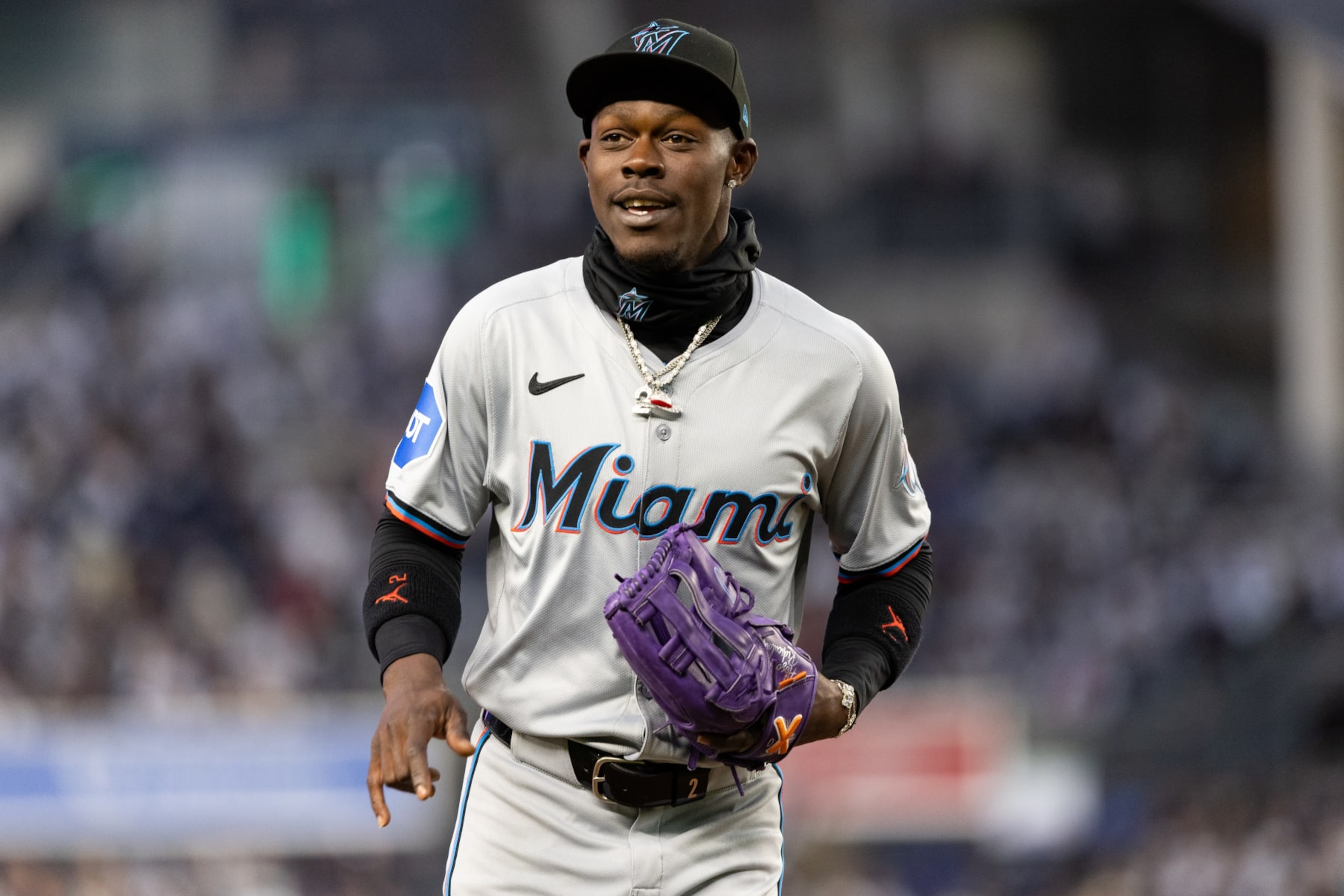 NEW YORK, NEW YORK - APRIL 10: Jazz Chisholm Jr. #2 of the Miami Marlins jogs off of the field at the end of the first inning of the game against the New York Yankees at Yankee Stadium on April 10, 2024 in the Bronx borough of New York City. (Photo by Dustin Satloff/Getty Images)