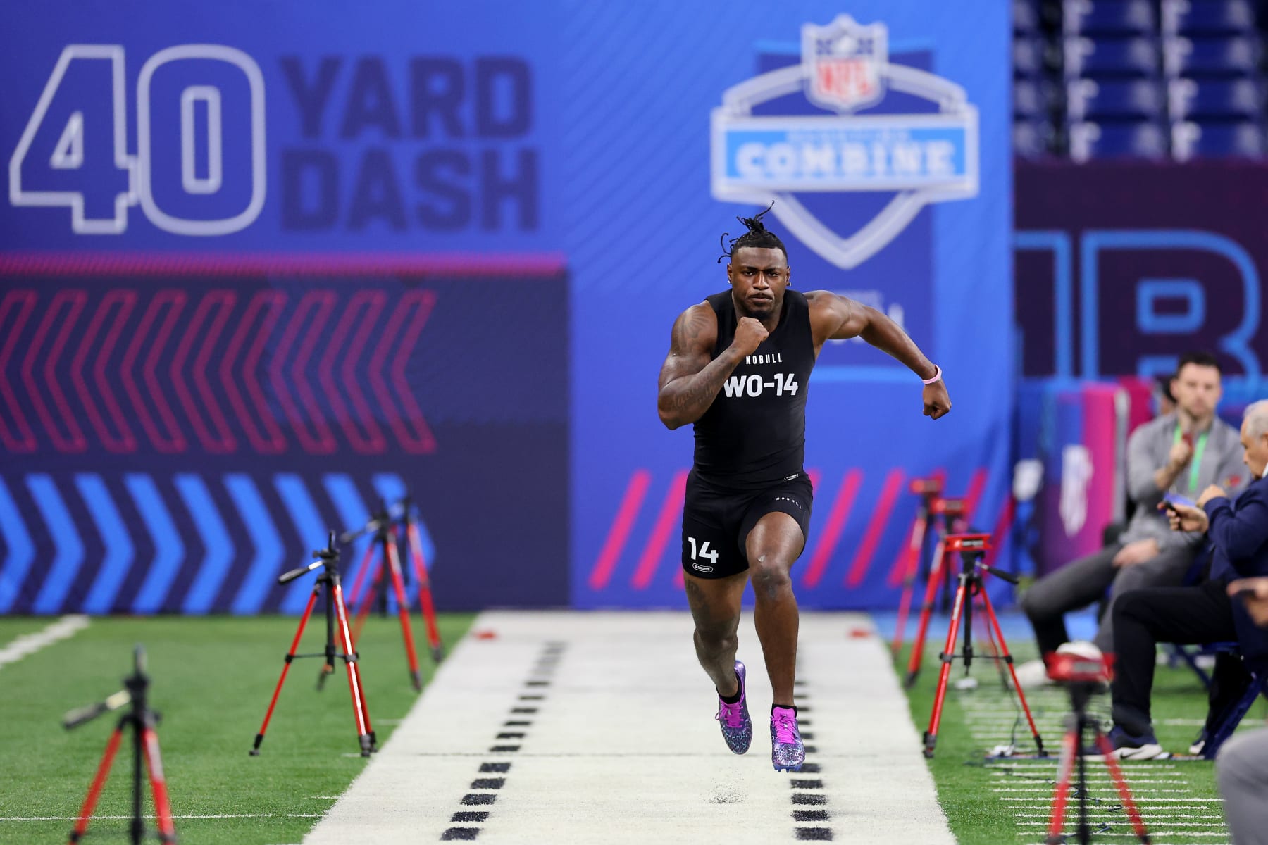 INDIANAPOLIS, INDIANA - MARCH 02: Xavier Legette #WO14 of South Carolina participates in the 40-yard dash during the NFL Combine at Lucas Oil Stadium on March 02, 2024 in Indianapolis, Indiana. (Photo by Stacy Revere/Getty Images)