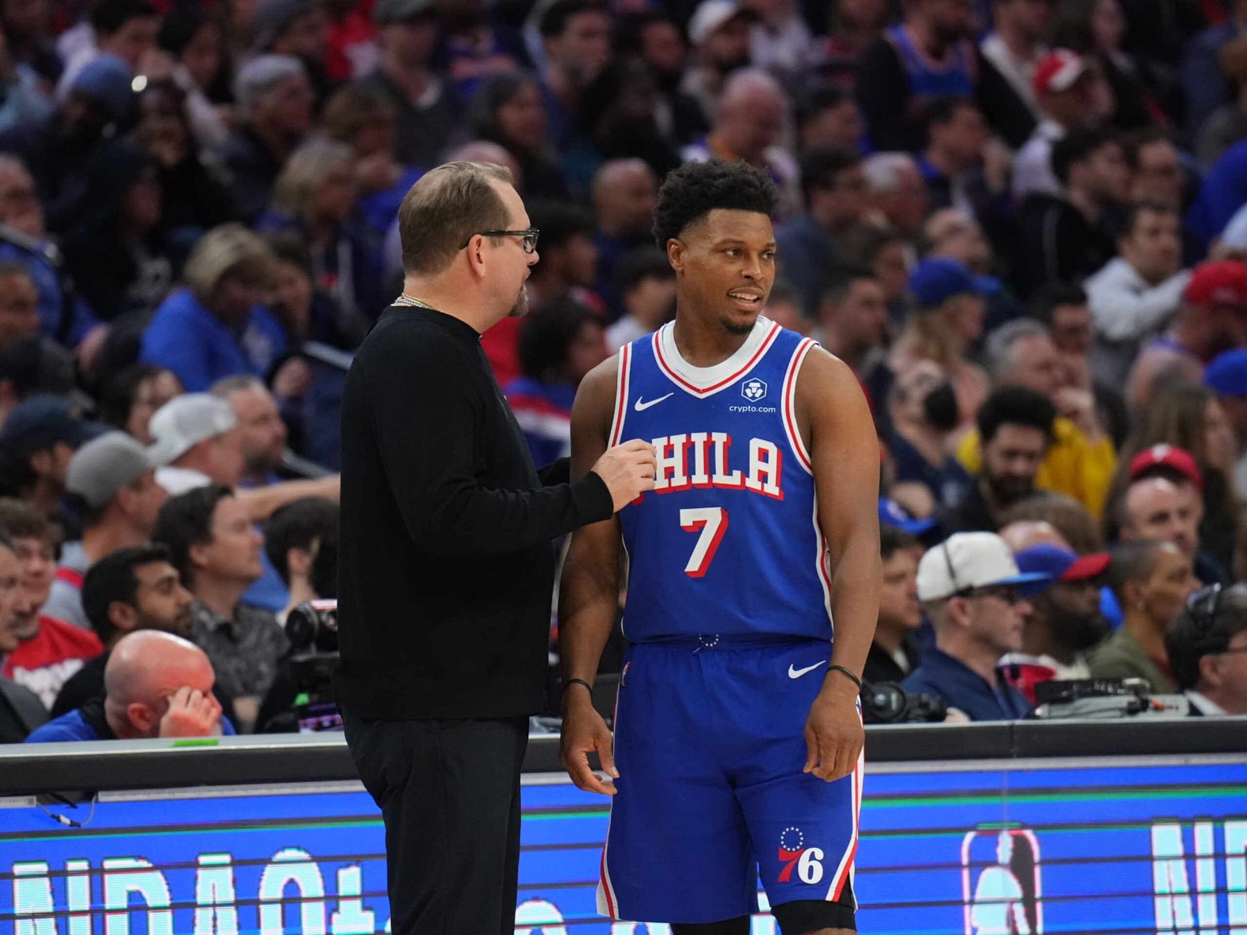 PHILADELPHIA, PA - APRIL 25: Head Coach Nick Nurse of the Philadelphia 76ers talks to Kyle Lowry #7 during Round 1 Game 3 of the 2024 NBA Playoffs against the New York Knicks on April 25, 2024 at the Wells Fargo Center in Philadelphia, Pennsylvania NOTE TO USER: User expressly acknowledges and agrees that, by downloading and/or using this Photograph, user is consenting to the terms and conditions of the Getty Images License Agreement. Mandatory Copyright Notice: Copyright 2024 NBAE (Photo by Jesse D. Garrabrant/NBAE via Getty Images) PHILADELPHIA, PA - APRIL 25: Head Coach Nick Nurse of the Philadelphia 76ers talks to Kyle Lowry #7 during Round 1 Game 3 of the 2024 NBA Playoffs against the New York Knicks on April 25, 2024 at the Wells Fargo Center in Philadelphia, Pennsylvania NOTE TO USER: User expressly acknowledges and agrees that, by downloading and/or using this Photograph, user is consenting to the terms and conditions of the Getty Images License Agreement. Mandatory Copyright Notice: Copyright 2024 NBAE (Photo by Jesse D. Garrabrant/NBAE via Getty Images)