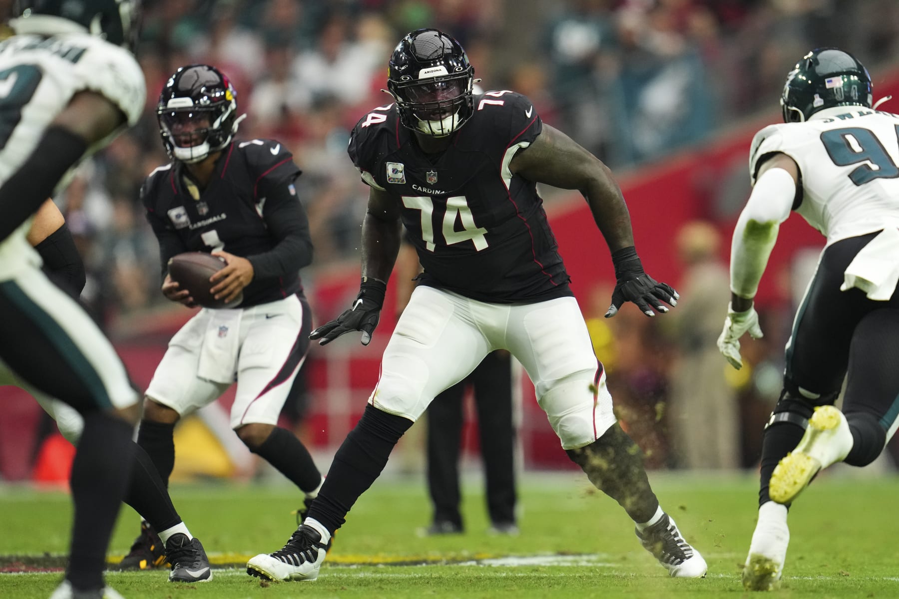 GLENDALE, AZ - OCTOBER 09: D.J. Humphries #74 of the Arizona Cardinals defends against the Philadelphia Eagles at State Farm Stadium on October 9, 2022 in Glendale, Arizona. (Photo by Cooper Neill/Getty Images)