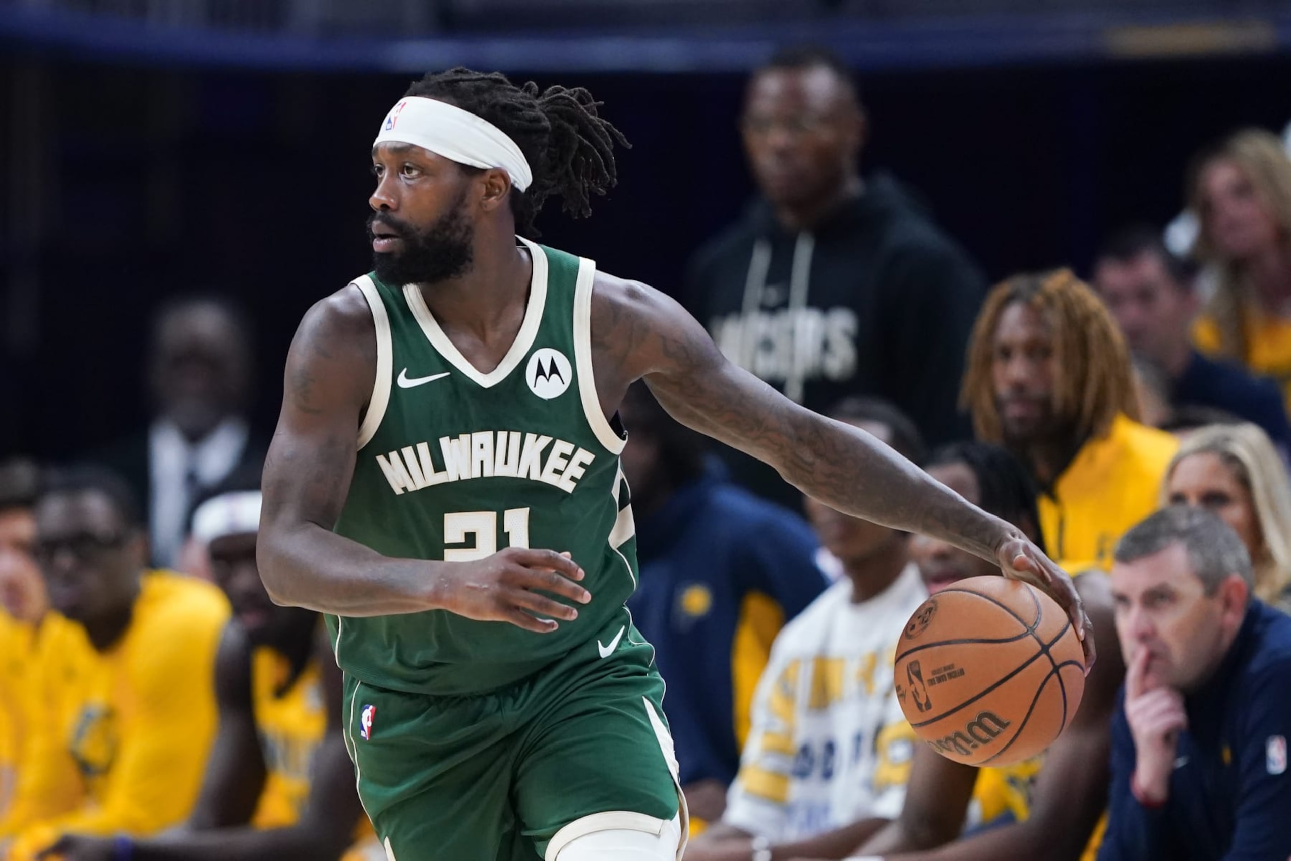 INDIANAPOLIS, INDIANA - MAY 02: Patrick Beverley #21 of the Milwaukee Bucks dribbles the ball in the first quarter against the Indiana Pacers during game six of the Eastern Conference First Round Playoffs at Gainbridge Fieldhouse on May 02, 2024 in Indianapolis, Indiana. NOTE TO USER: User expressly acknowledges and agrees that, by downloading and or using this photograph, User is consenting to the terms and conditions of the Getty Images License Agreement. (Photo by Dylan Buell/Getty Images) INDIANAPOLIS, INDIANA - MAY 02: Patrick Beverley #21 of the Milwaukee Bucks dribbles the ball in the first quarter against the Indiana Pacers during game six of the Eastern Conference First Round Playoffs at Gainbridge Fieldhouse on May 02, 2024 in Indianapolis, Indiana. NOTE TO USER: User expressly acknowledges and agrees that, by downloading and or using this photograph, User is consenting to the terms and conditions of the Getty Images License Agreement. (Photo by Dylan Buell/Getty Images)
