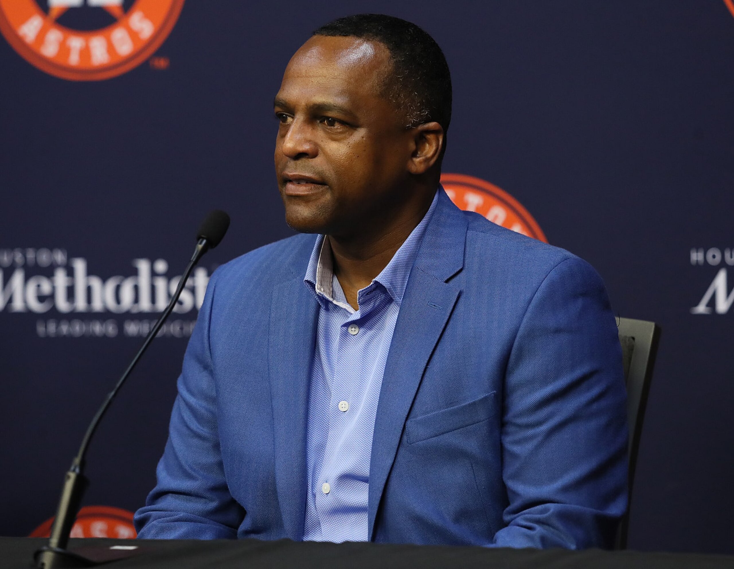 HOUSTON, TEXAS - OCTOBER 26: General manager Dana Brown of the Houston Astros at a press conference announcing the retirement of Dusty Baker Jr. as the manager of the Houston Astros at Minute Maid Park on October 26, 2023 in Houston, Texas. (Photo by Bob Levey/Getty Images) HOUSTON, TEXAS - OCTOBER 26: General manager Dana Brown of the Houston Astros at a press conference announcing the retirement of Dusty Baker Jr. as the manager of the Houston Astros at Minute Maid Park on October 26, 2023 in Houston, Texas. (Photo by Bob Levey/Getty Images)