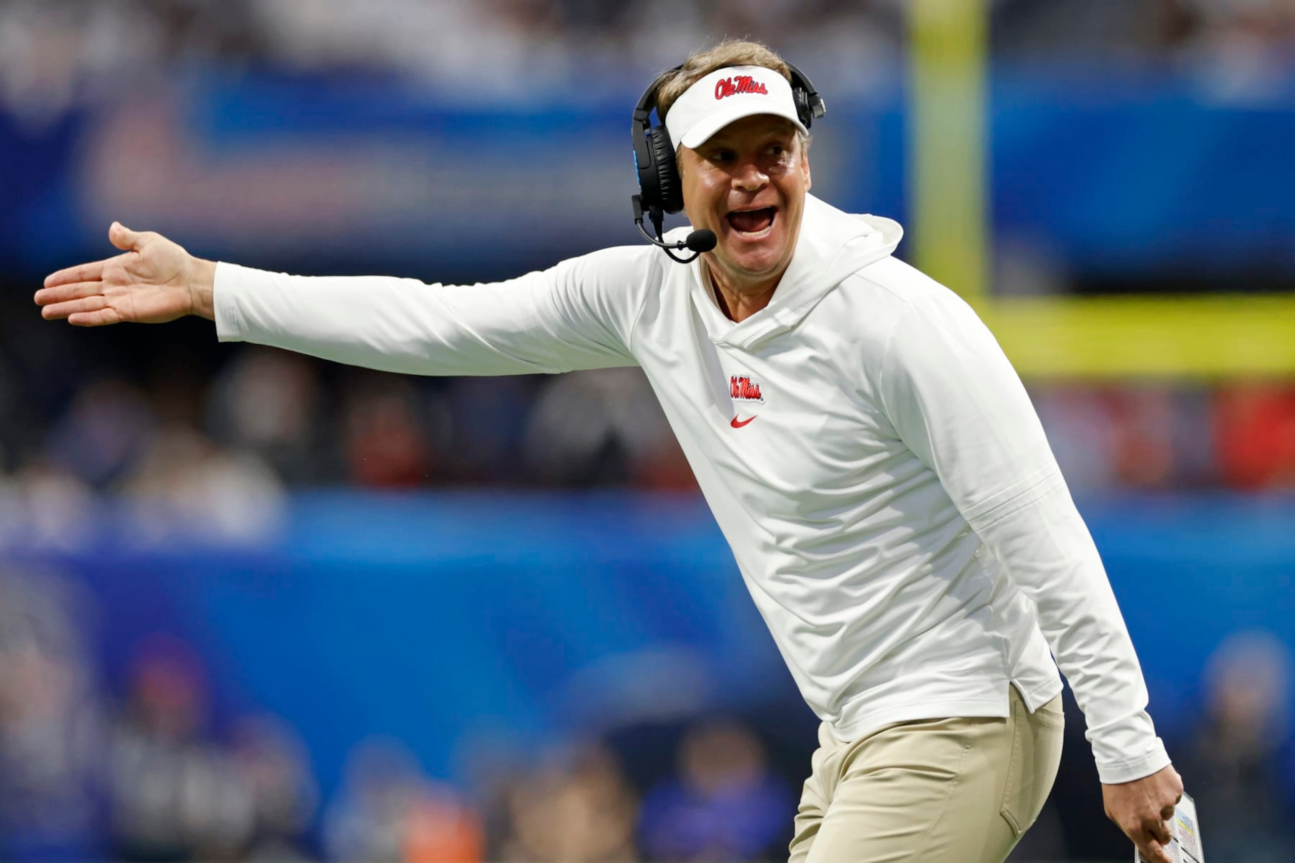 ATLANTA, GA - DECEMBER 30: Mississippi Rebels head coach Lane Kiffin reacts during the Chick-fil-A Peach Bowl against the Penn State Nittany Lions on December 30, 2023 at Mercedes-Benz Stadium in Atlanta, Georgia. (Photo by Joe Robbins/Icon Sportswire via Getty Images) ATLANTA, GA - DECEMBER 30: Mississippi Rebels head coach Lane Kiffin reacts during the Chick-fil-A Peach Bowl against the Penn State Nittany Lions on December 30, 2023 at Mercedes-Benz Stadium in Atlanta, Georgia. (Photo by Joe Robbins/Icon Sportswire via Getty Images)