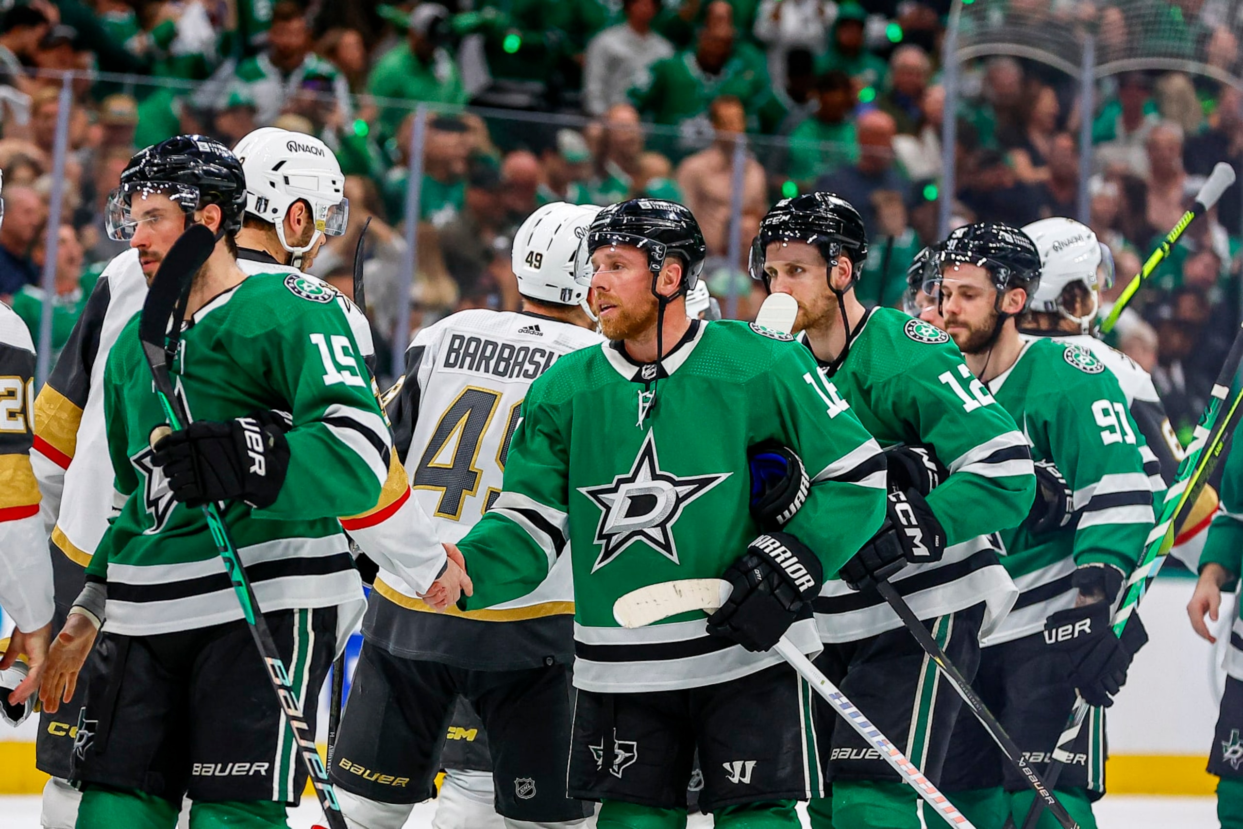DALLAS, TX - MAY 05: The Dallas Stars players line up in the hand shake line with the Vegas Golden Knights after game seven of the Western Conference First Round between the Dallas Stars and the Vegas Golden Knights on May 5, 2024 at American Airlines Center in Dallas, Texas. (Photo by Matthew Pearce/Icon Sportswire via Getty Images)