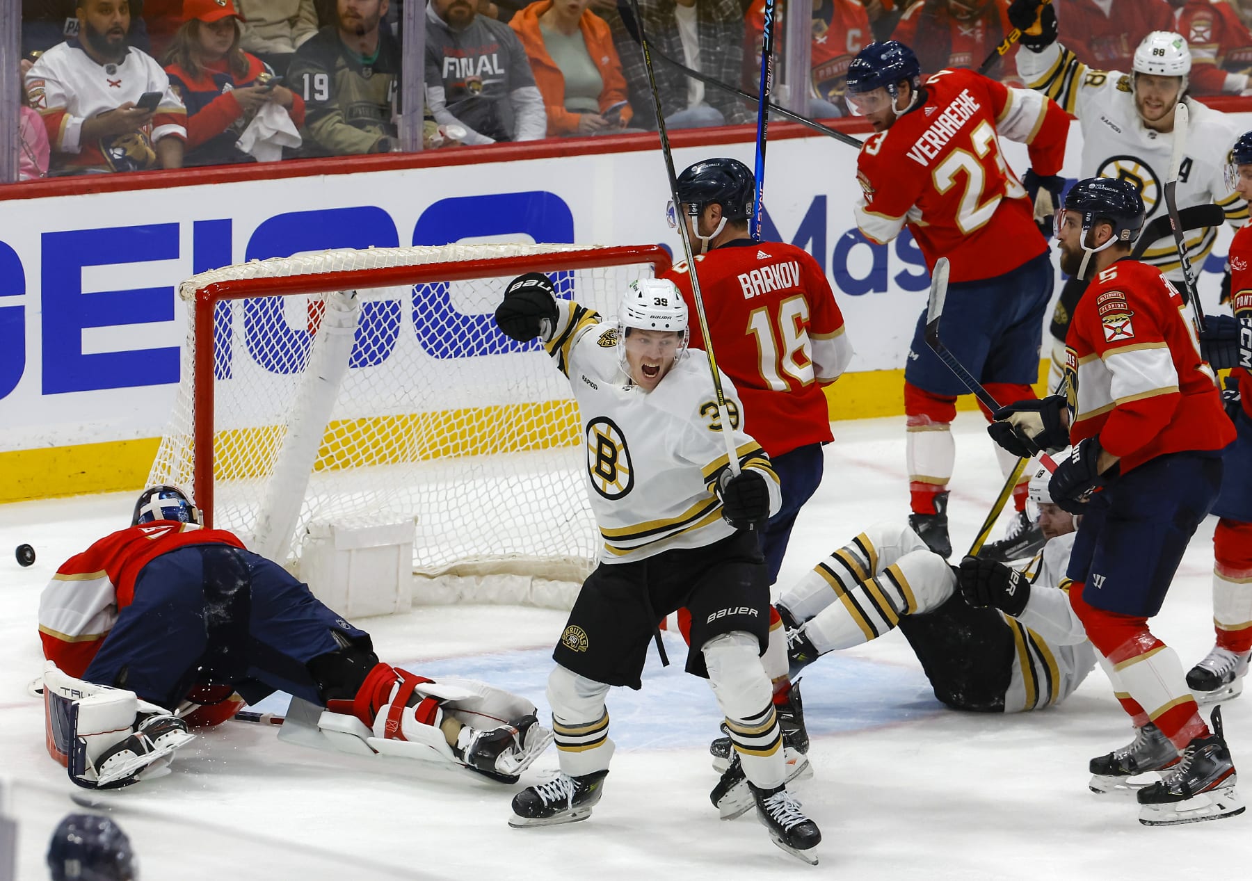 Sunrise, FL - May 6: Boston Bruins C Morgan Geekie celebrates his goal, beating Florida Panthers goalie Sergei Bobrovsky in the second period. (Photo by Matthew J. Lee/The Boston Globe via Getty Images) Sunrise, FL - May 6: Boston Bruins C Morgan Geekie celebrates his goal, beating Florida Panthers goalie Sergei Bobrovsky in the second period. (Photo by Matthew J. Lee/The Boston Globe via Getty Images)