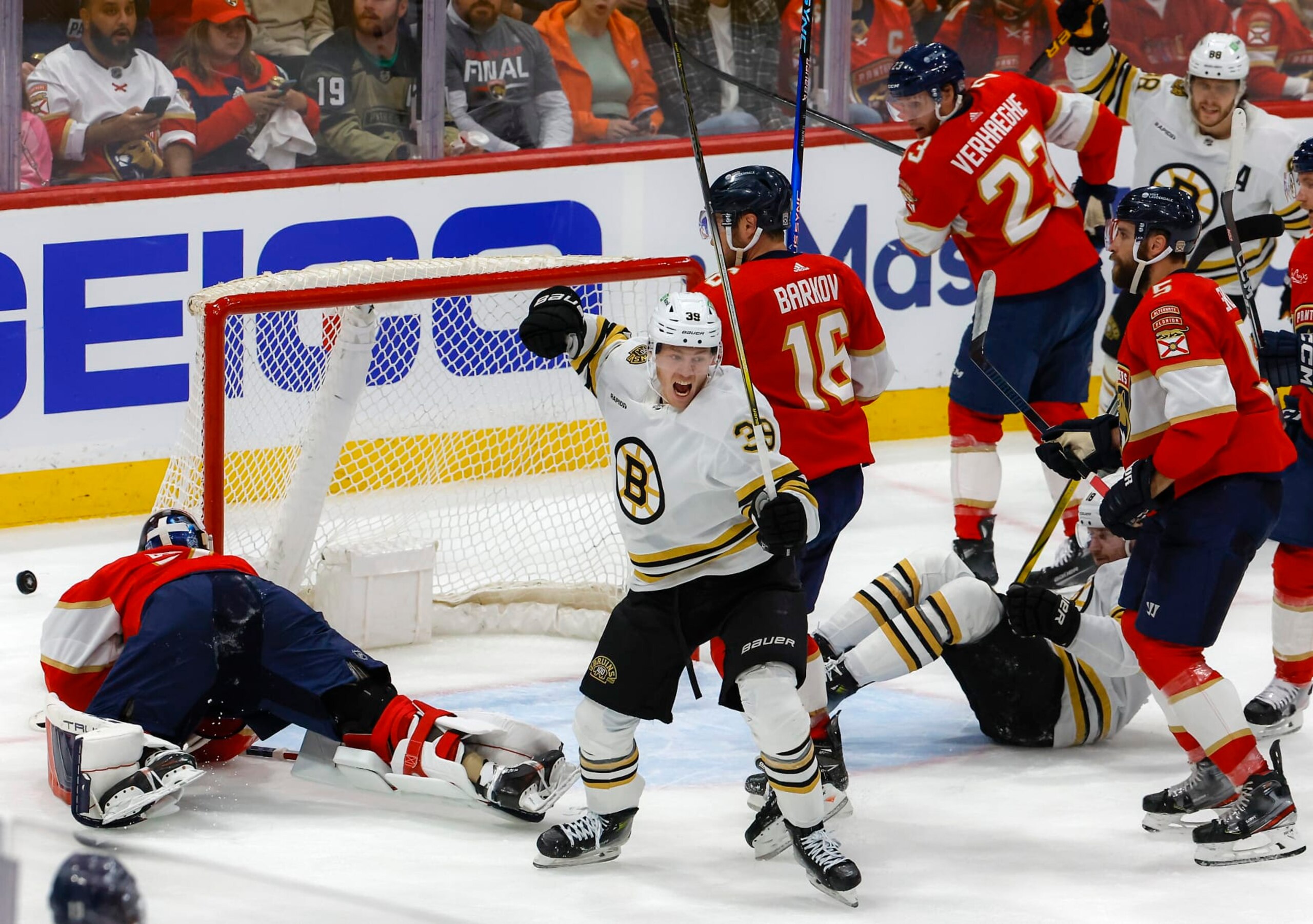 Sunrise, FL - May 6: Boston Bruins C Morgan Geekie celebrates his goal, beating Florida Panthers goalie Sergei Bobrovsky in the second period. (Photo by Matthew J. Lee/The Boston Globe via Getty Images)