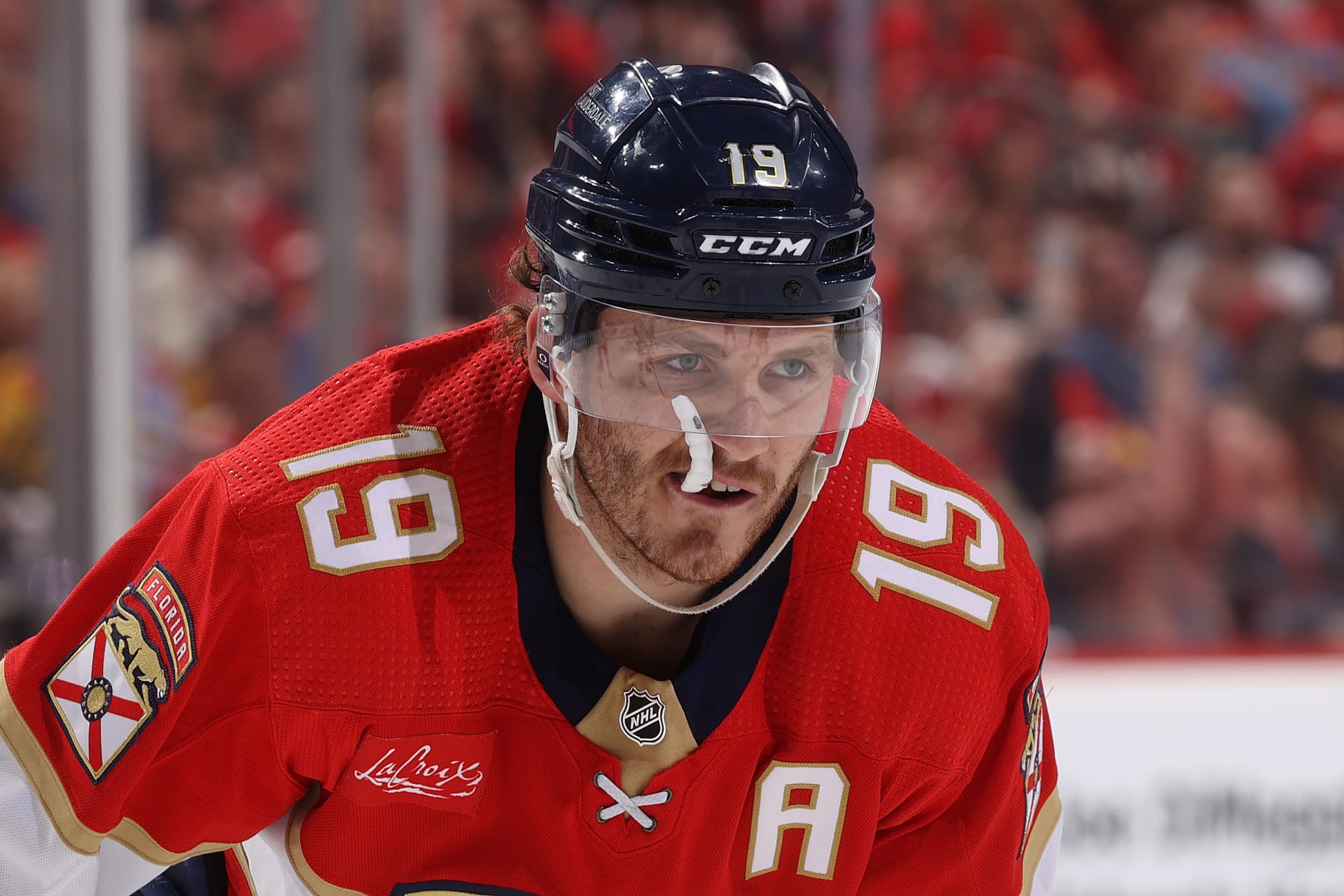 SUNRISE, FL - MAY 6: Matthew Tkachuk #19 of the Florida Panthers prepares for a face-off against the Boston Bruins in Game One of the Second Round of the 2024 Stanley Cup Playoffs at the Amerant Bank Arena on May 6, 2024 in Sunrise, Florida. (Photo by Joel Auerbach/Getty Images) SUNRISE, FL - MAY 6: Matthew Tkachuk #19 of the Florida Panthers prepares for a face-off against the Boston Bruins in Game One of the Second Round of the 2024 Stanley Cup Playoffs at the Amerant Bank Arena on May 6, 2024 in Sunrise, Florida. (Photo by Joel Auerbach/Getty Images)