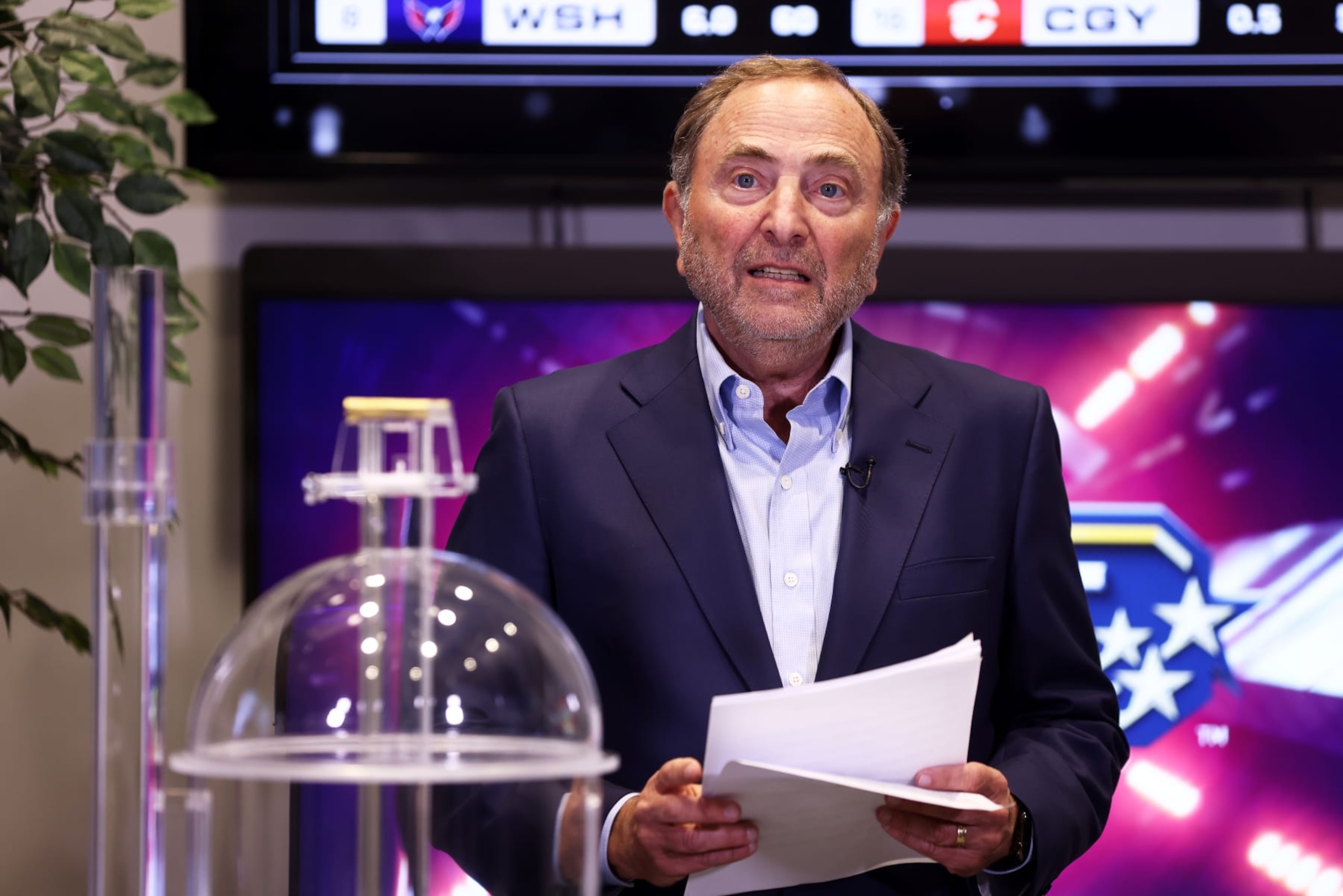 SECAUCUS, NEW JERSEY - MAY 08: Commissioner of the National Hockey League Gary Bettman presides over the 2023 NHL Draft Lottery on May 08, 2023 at NHL Network Studio in Secaucus, New Jersey. (Photo by Mike Stobe/NHLI via Getty Images)