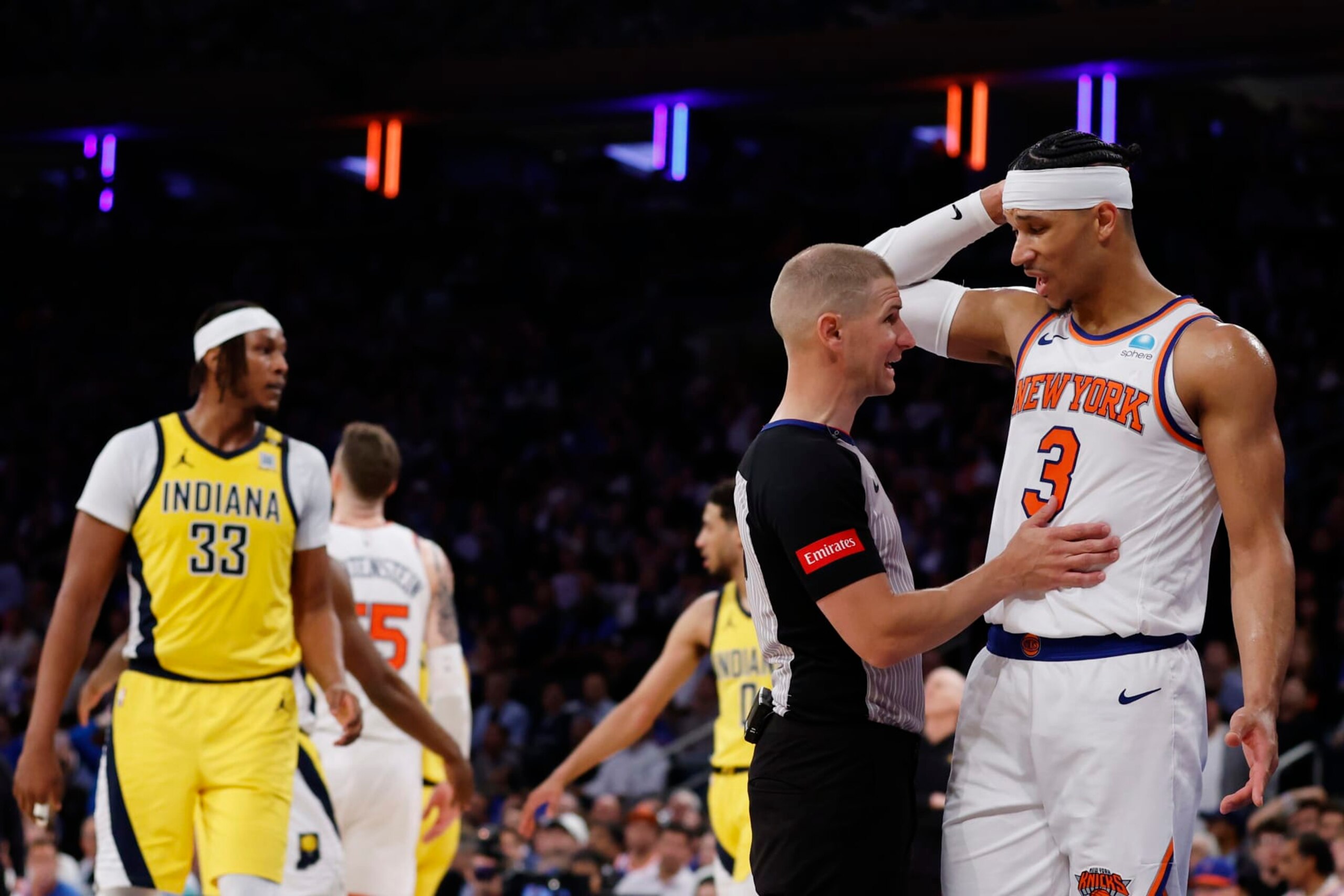 NEW YORK, NEW YORK - MAY 06: Josh Hart #3 of the New York Knicks talks to referee Tyler Ford #39 after a foul during the second half in Game One of the Eastern Conference Second Round Playoffs against the Indiana Pacers at Madison Square Garden on May 06, 2024 in New York City. NOTE TO USER: User expressly acknowledges and agrees that, by downloading and or using this photograph, User is consenting to the terms and conditions of the Getty Images License Agreement. (Photo by Sarah Stier/Getty Images)